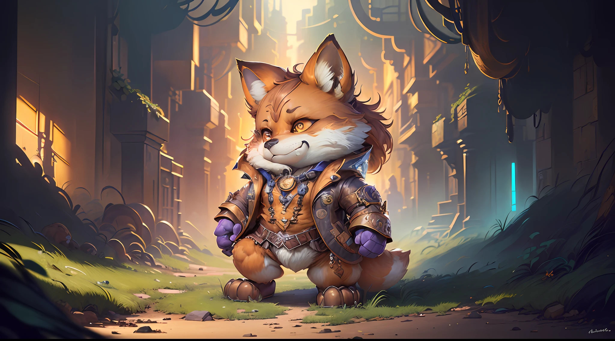 Hyperdetailed Painting, Jean-Baptiste Monge Style, fox Anthropomorphic, steampunk ,, , (extremely intricate robes, magical robes orange and purple), (extremely detailed background), ((dynamic background)), ((lightning)), (light rays), ,, , highest quality,, very angry face, body fitness, full body, long hair with braids , stands imposing in an ancient lost city. , stands imposing in an ancient lost city. Chiseled perfect body, insanely handsome and masculine face. Sunlight highlights his muscles and scars. The scenery is lush and mysterious, with ruins and vegetation. The camera details everything.