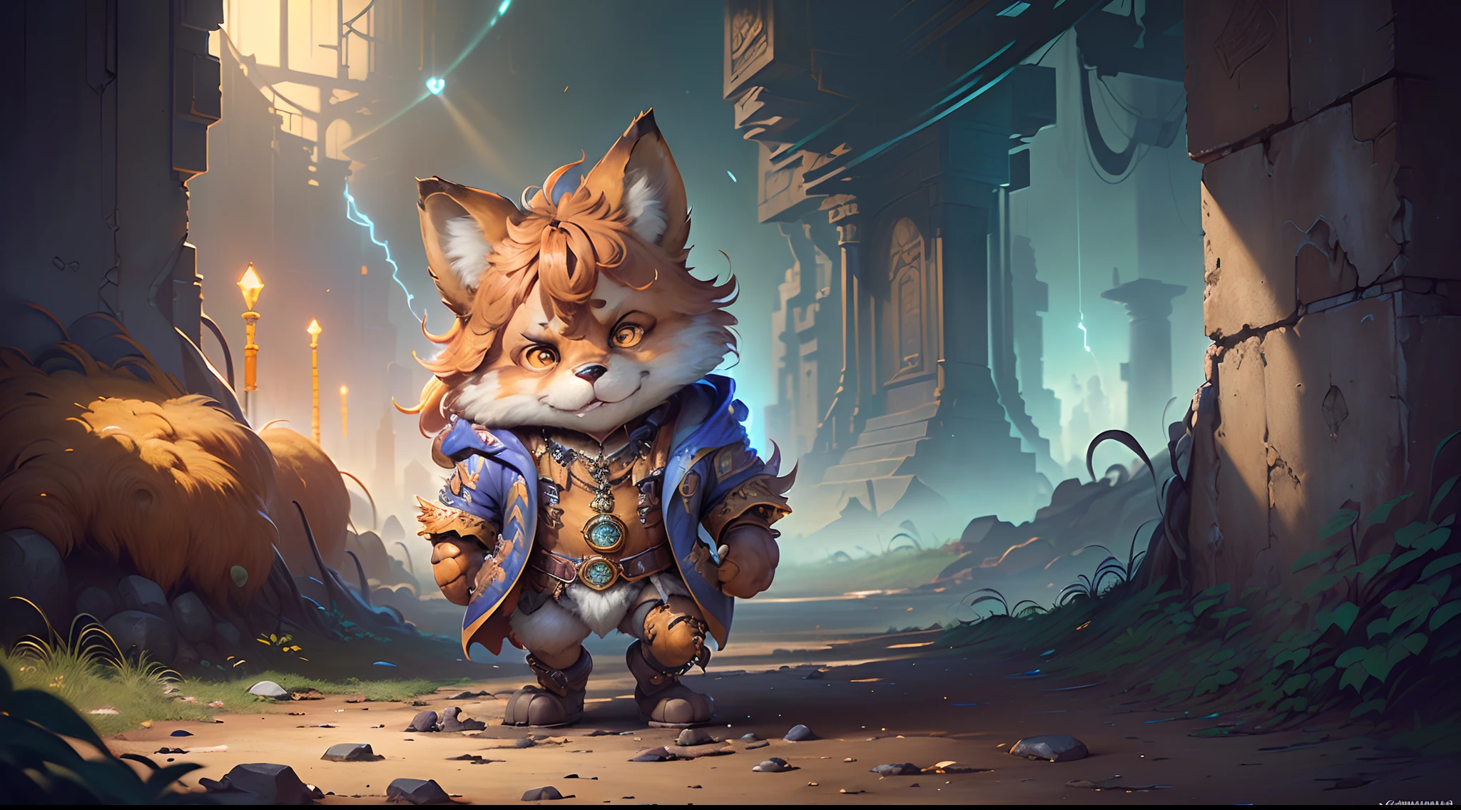 Hyperdetailed Painting, Jean-Baptiste Monge Style, fox  Anthropomorphic, steampunk ,, , (extremely intricate robes, magical robes orange and purple), (extremely detailed background), ((dynamic background)), ((lightning)), (light rays), ,, , highest quality,, very angry face, body fitness, full body, long hair with braids , stands imposing in an ancient lost city. ,  stands imposing in an ancient lost city. Chiseled perfect body, insanely handsome and masculine face. Sunlight highlights his muscles and scars. The scenery is lush and mysterious, with ruins and vegetation. The camera details everything.