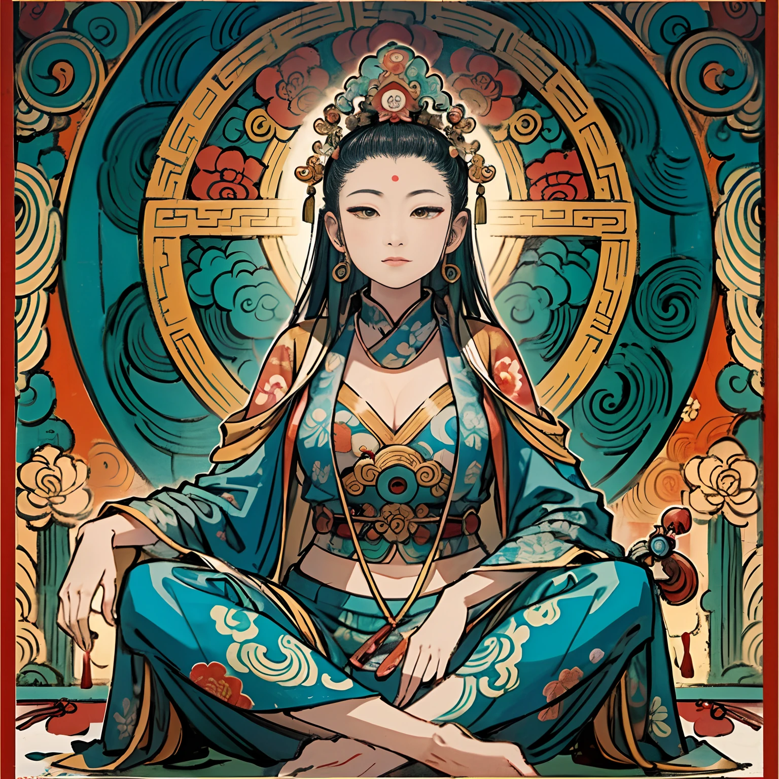 an ancient Chinese goddess, guanyin of the southern seas, Guanyin, Inspired by India, Avalokiteshvara Bodhisattva Phoenix，,Serene expression,shui mo hua,Buddha,Buddhist,Lotus,Chinese painting style,Thangka style