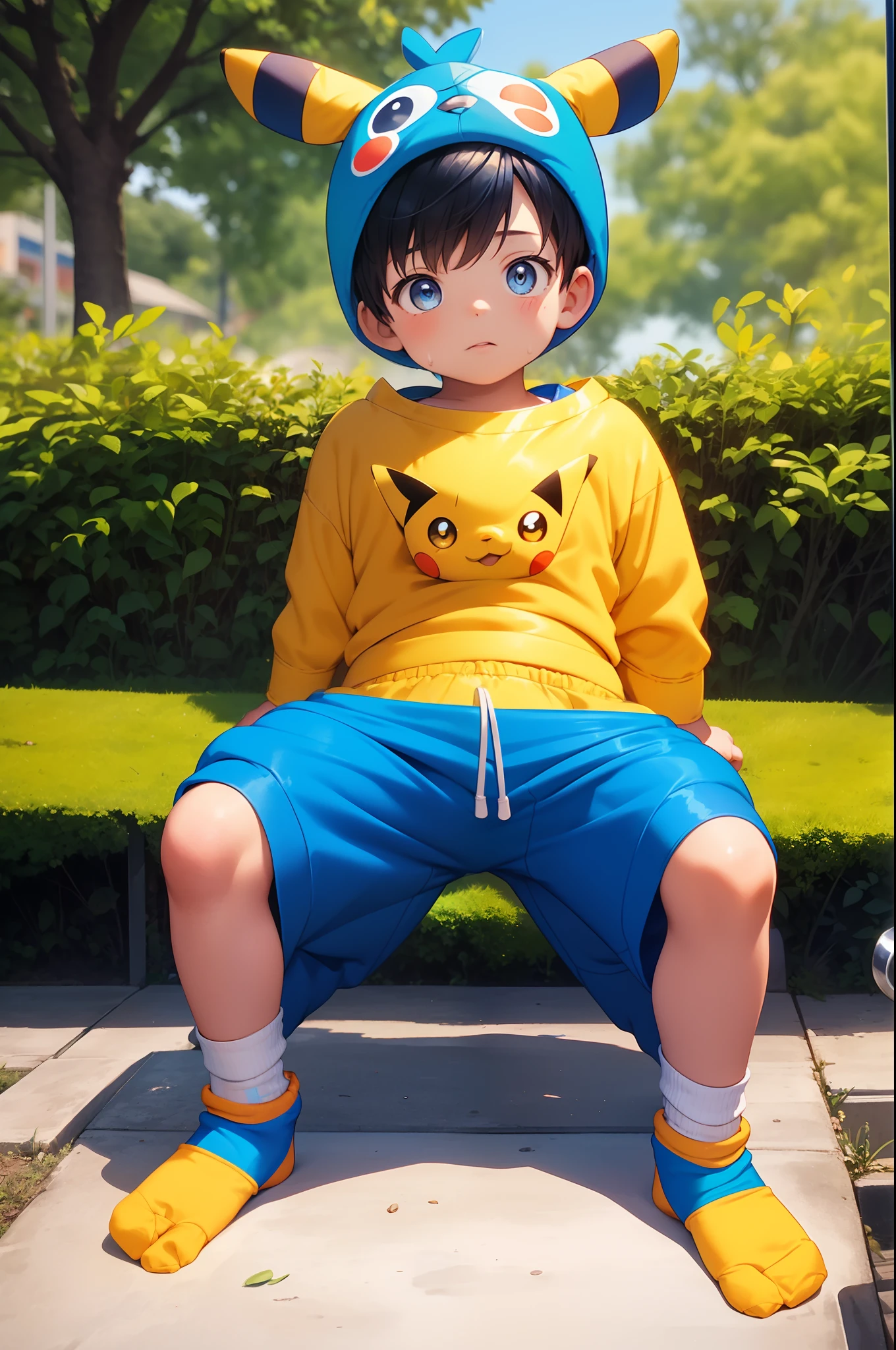 chubby ********** with blue hair and shiny orange eyes and yellow socks wearing a pikachu costume sitting on a bench in a park, young, boy, child, small, toddler, (child:1.4), (boy:1.4), (shota:1.4), (sweatpants:1.4), (pikachu costume:1.6), (socks:1.8),