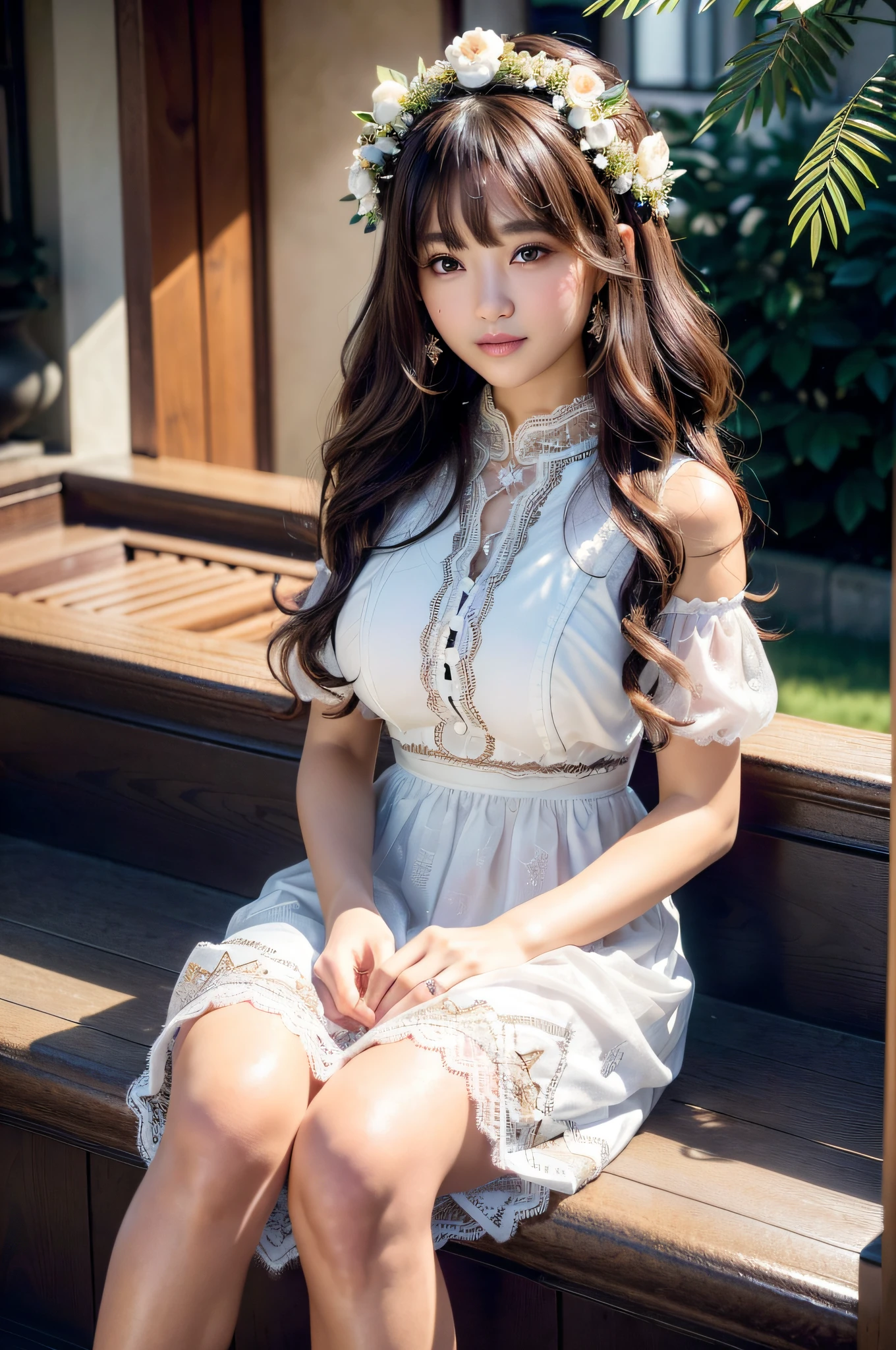(8K high-quality masterpiece)、Looking at the camera、((Beautiful full body photo))、(Wavy curly hair、Beautiful wreath decoration on the head, immensity)、(Beautiful light)、 beauty lighting , good contrast、(1 Sexy woman:1.3、com rosto detalhado、二重まぶた、drooing eyes、Ears are visible)、((Light brown eyes、Two highlights in the eye、))、( striking beautiful flawless face symmetry) 、brunette color hair、a baby face、((A smile full of love))、attractive proportions, (((Lace ball dress,White delicate embroidery)))、Different angles(in poolside)、Ignore NSFW、