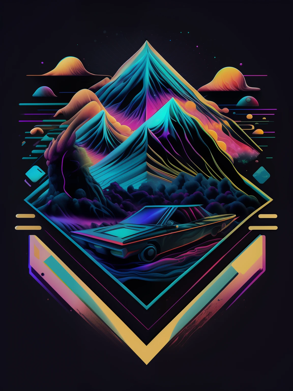 psychadelic, vector image, t-shirt design, isolated, black background, futuristic 3D illustration