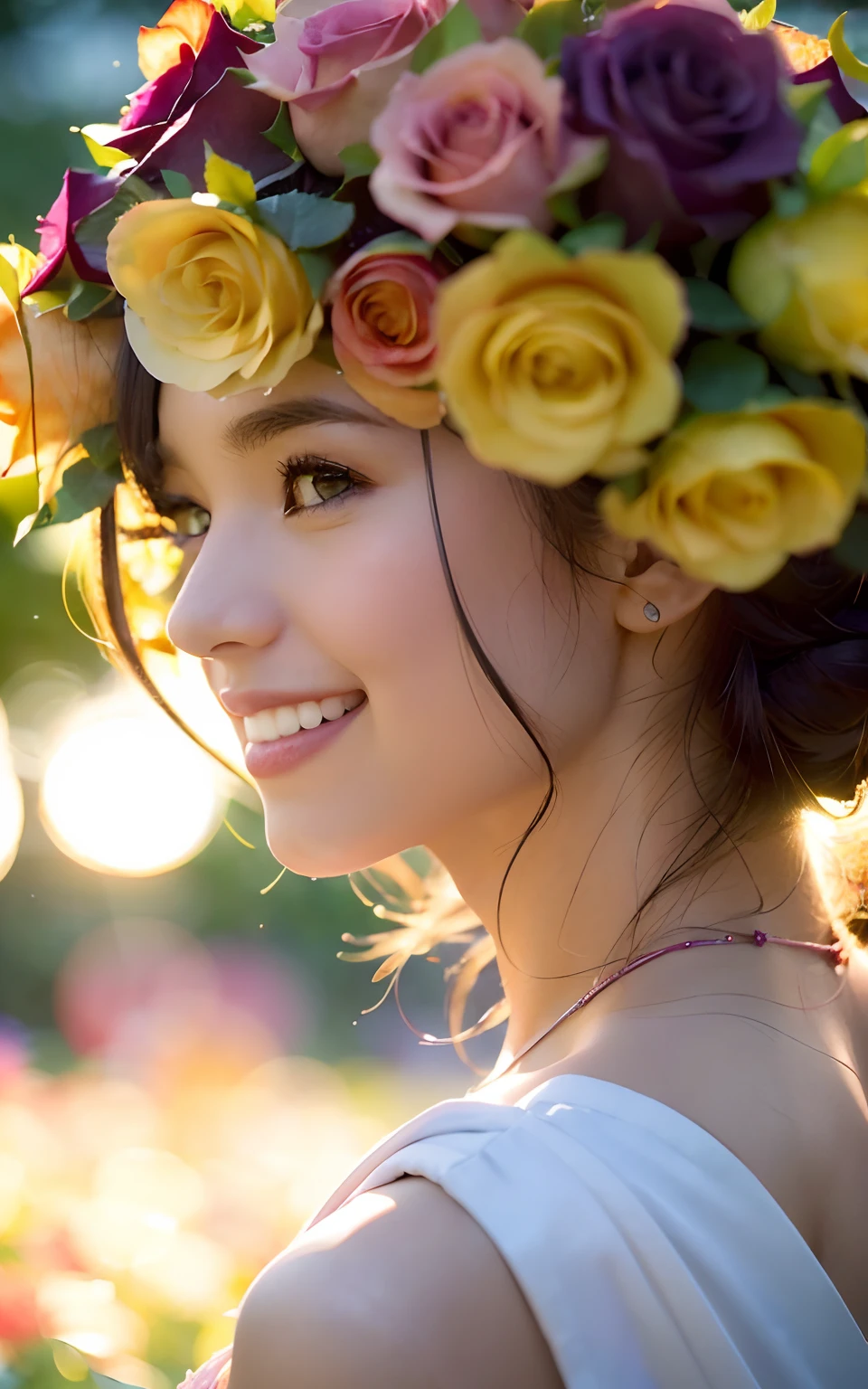 ((((Depth of field))),((((Sunset backlit),((Slim body)))),20 years old, twilight rays, lace wedding dress, flower crown, (((Rose tunnel))), rose front blur, bokeh, photorealistic, surrounded by colorful roses, ((smiling)))))), (mouth closed)))),(1 girl), ( Sunset:1.3), (8k, RAW photography, best quality, masterpiece:1.2), (realistic, photorealistic:1.37), best quality, ultra high resolution,(standing in a flower garden:1.3), (vivid and colorful:1.3)