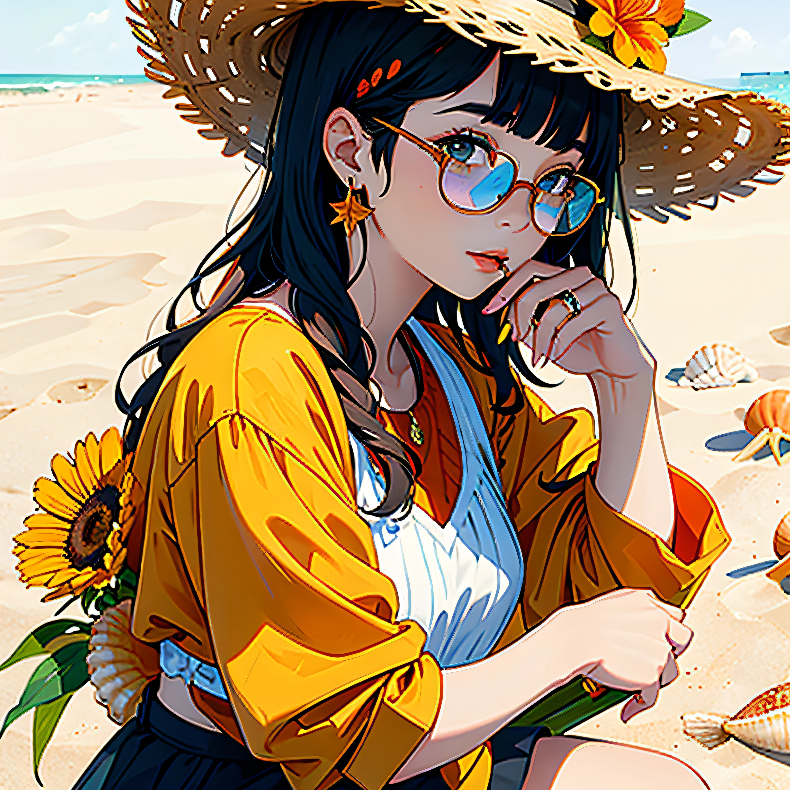 1girl, solo, starfish, seashell, shell, flower, hat, hair ornament, jewelry, straw hat, looking at viewer, sunglasses, hat flower, drinking straw, hairclip, earrings, red flower, tinted eyewear, yellow flower, bangs, english text, multicolored hair, orange flower, black hair, ring, cup, long hair, orange-tinted eyewear, food, brown hair, portrait, shell hair ornament ,