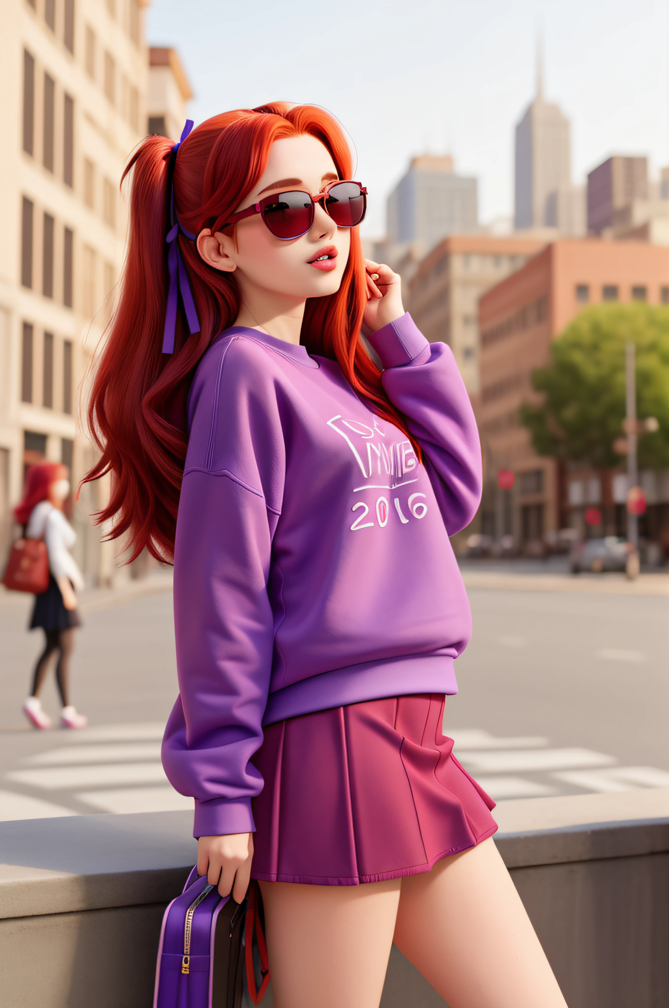 1 girl, 20 years old, long red hair, short purple sweatshirt, black mini skirt, colored ribbon in her hair, sunglasses, city