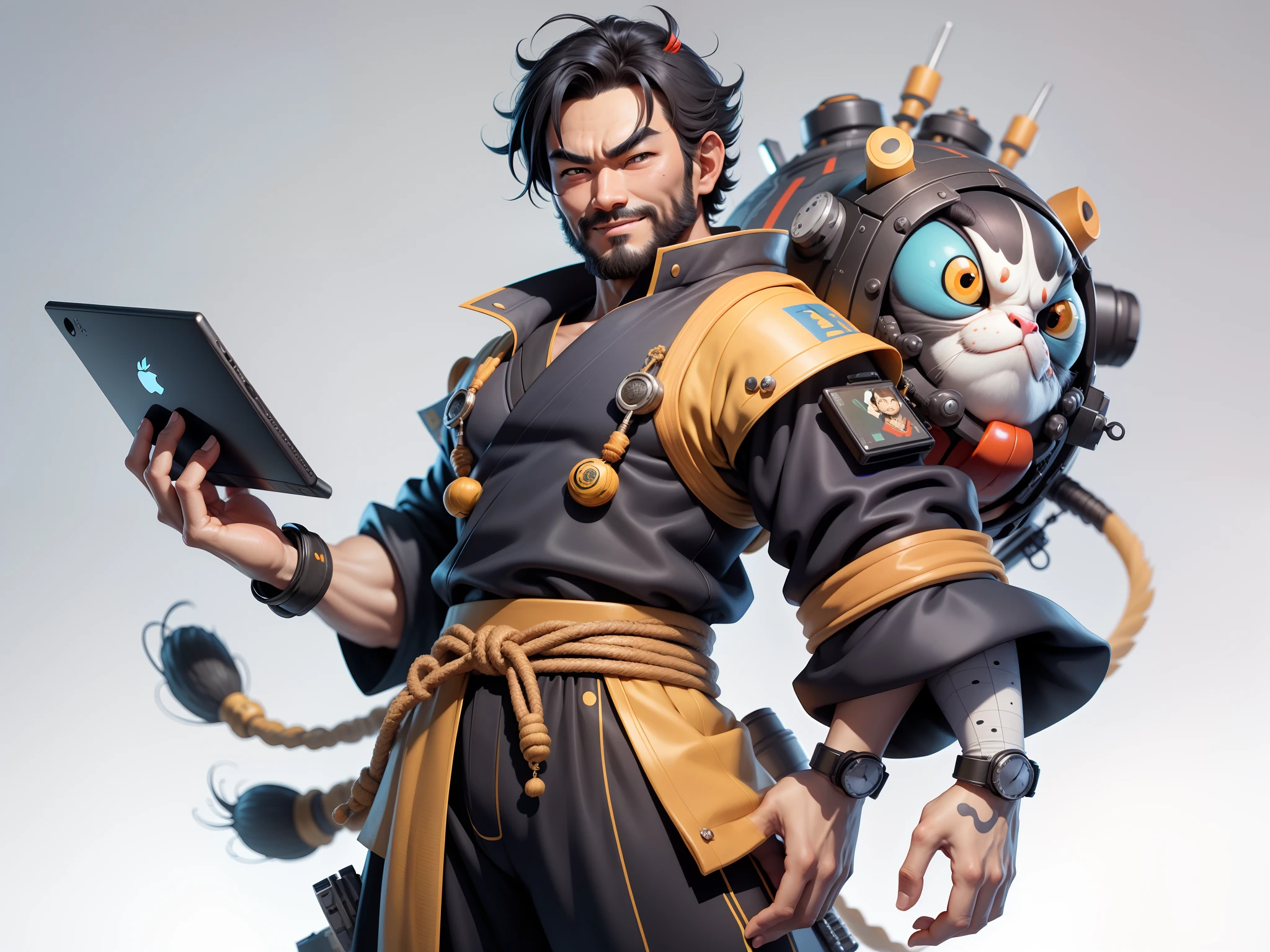 (Daisaku),(Need),(Super meticulous),(full bodyesbian:1.2),Super young man with Japanese geisha,Beautiful,orient,one tiger,Aeolian Thor,Raised sexy,爆乳,Oriental face,TV Anchor,Bust portrait illustration,In black suit,a blue tie,The face is slightly chubby,The face was clean,without a beard,Black super short hair,Black eyes,Smile confidently,3C computer sub-products,iPad, iphone,Digital painting,3D character design by Mark Clairen and Pixar and Hayao Miyazaki and Akira Toriyama,The illustration is a high-definition illustration in 4K resolution,With very detailed facial features and cartoon-style visuals。