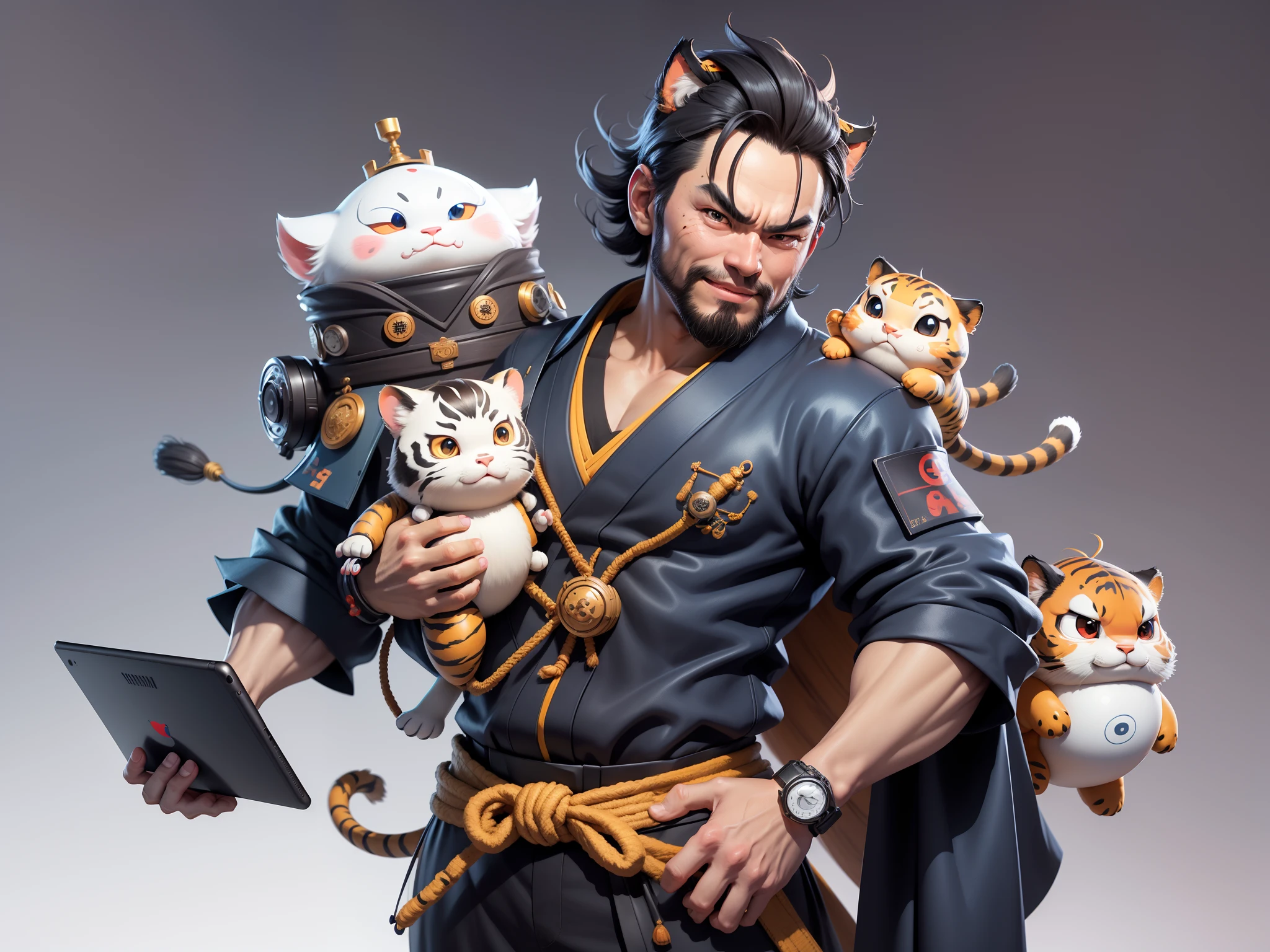 (Daisaku),(Need),(Super meticulous),(full bodyesbian:1.2),Super young man with Japanese geisha，Beautiful，orient，one tiger，Aeolian Thor，Raised sexy，爆乳，Oriental face，TV Anchor，Bust portrait illustration，In black suit，a blue tie，The face is slightly chubby，The face was clean，without a beard，Black super short hair，Black eyes，Smile confidently，3C computer sub-products，iPad， iphone，Digital painting，3D character design by Mark Clairen and Pixar and Hayao Miyazaki and Akira Toriyama，The illustration is a high-definition illustration in 4K resolution，With very detailed facial features and cartoon-style visuals。