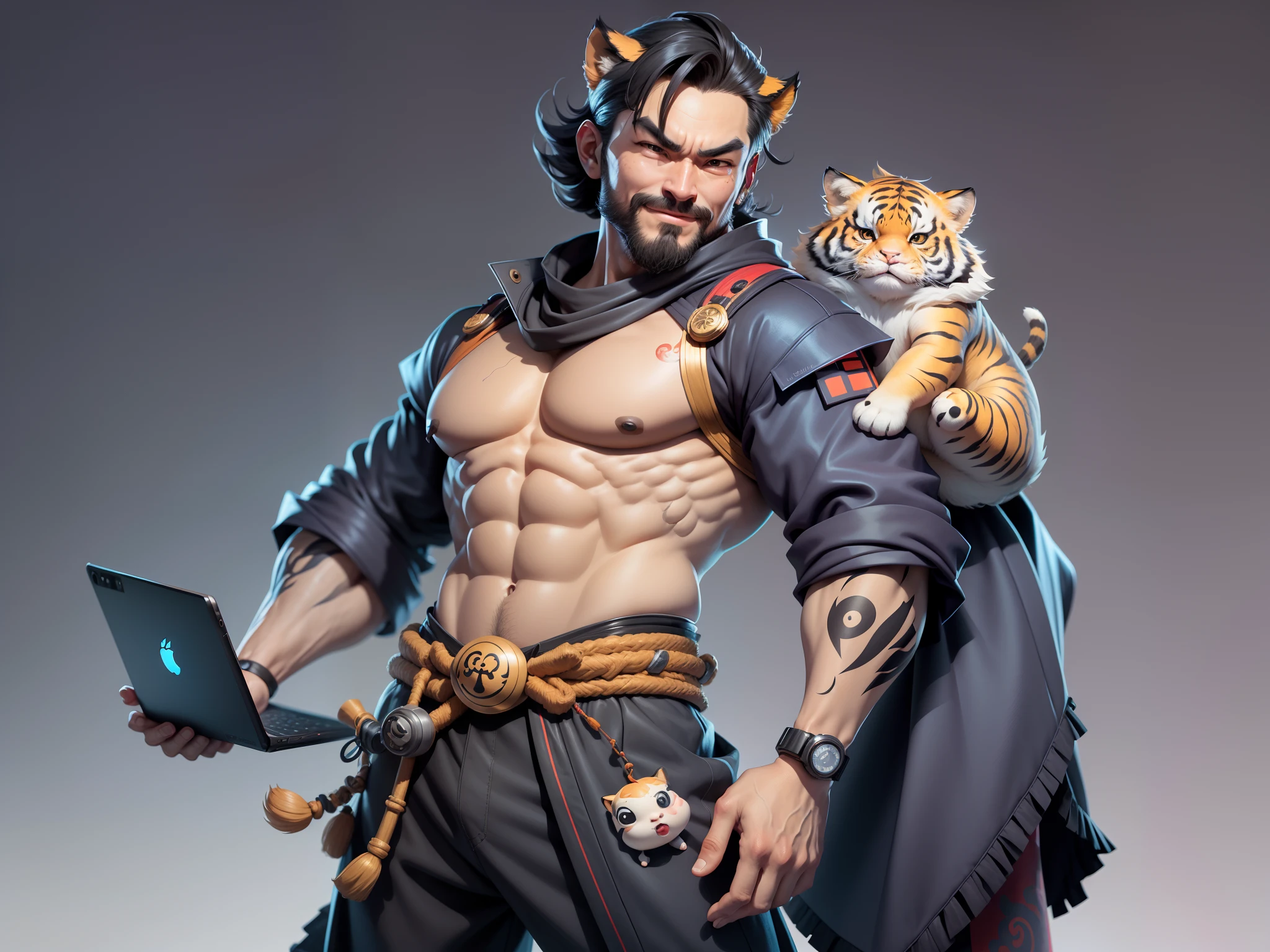 (Daisaku),(Need),(Super meticulous),(full bodyesbian:1.2),Super young man with Japanese geisha,Beautiful,orient,one tiger,Aeolian Thor,Raised sexy,爆乳,Oriental face,TV Anchor,Bust portrait illustration,In black suit,a blue tie,The face is slightly chubby,The face was clean,without a beard,Black super short hair,Black eyes,Smile confidently,3C computer sub-products,iPad, iphone,Digital painting,3D character design by Mark Clairen and Pixar and Hayao Miyazaki and Akira Toriyama,The illustration is a high-definition illustration in 4K resolution,With very detailed facial features and cartoon-style visuals。