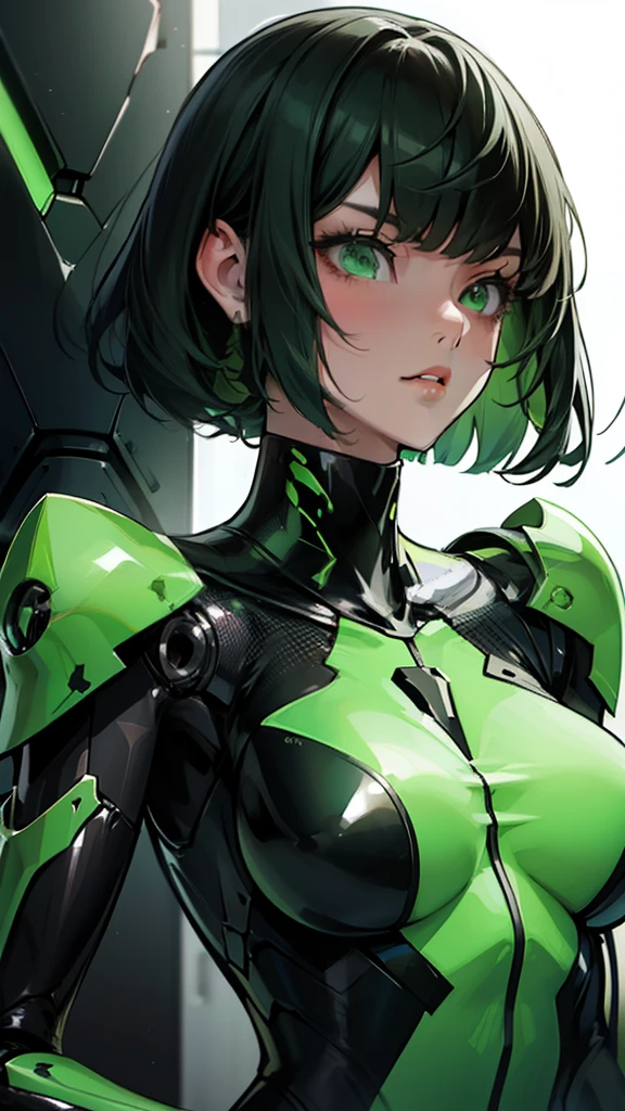 Woman in green and black suit, android heroine, shiny plastic armor, gynoid body, cybersuit, krenz cushart and artgerm, Mantis motif, perfect android girl, Very detailed ArtGerm, Green Armor, biomechanical oppai, cybersuit, Style ArtGerm