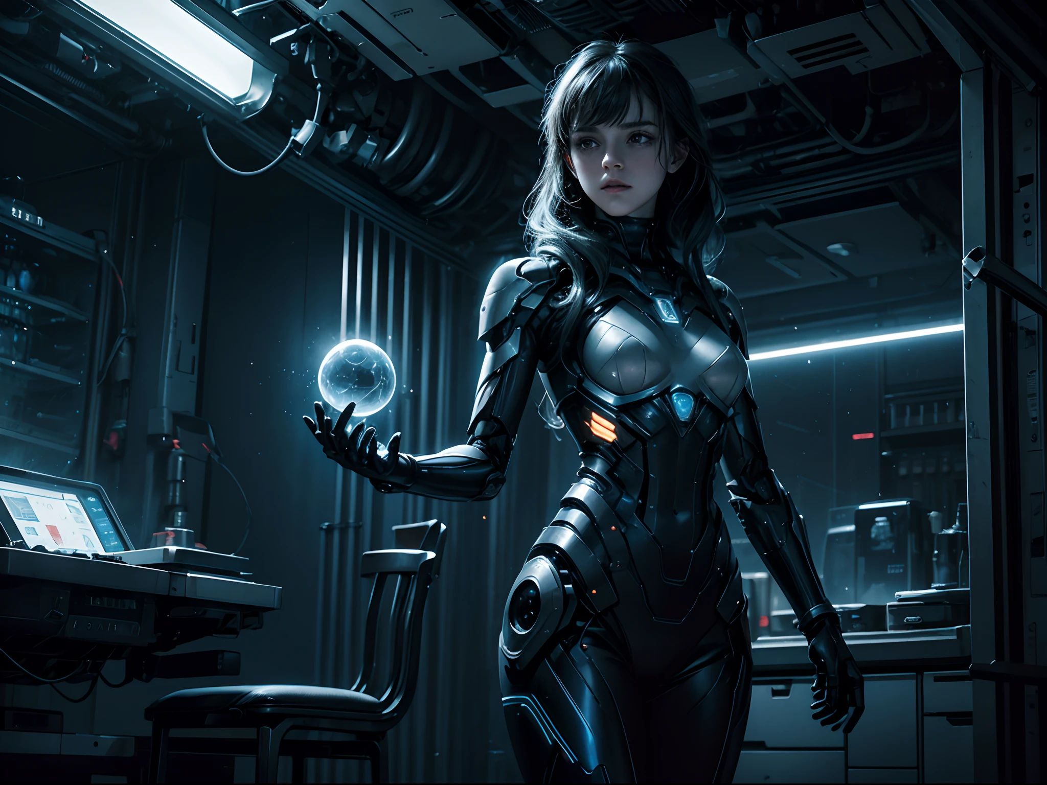 The room exudes an atmosphere of eerie dimness, haunting shadows and low light that dance across metallic surfaces. It's a sci-fi horror scene set in a future. The walls are constructed from slick, gunmetal-gray panels, adorned with rivets and seams that snake along their length like veins of an otherworldly creature. Soft, bluish LED strips embedded in the ceiling emit a cold, clinical glow, barely piercing through the darkness and casting a series of elongated shadows.
Centered within this enigmatic chamber, a emma watson as a female android lies motionless on a diagnostic table. Her artificial skin, almost porcelain in texture, bears a soft luminescence, making her seem almost ethereal. But the aura of vulnerability is shattered by the web of exposed circuits and mechanisms that peek out from the carefully opened panels in her abdomen and limbs, like a mechanical heart laid bare.
The girl's head is tilted slightly to one side, her glassy eyes staring blankly into the distance, devoid of the spark that animates her when fully operational. Her lips, once imitating the delicate curves of human expression, are frozen in a neutral, impassive line. A tangle of synthetic hair cascades over her shoulders, partially obscuring her partially dismantled neck.
Around the android, an array of intricate futuristic tools hover in midair, suspended by a combination of advanced electromagnetic levitation and articulated robotic arms.