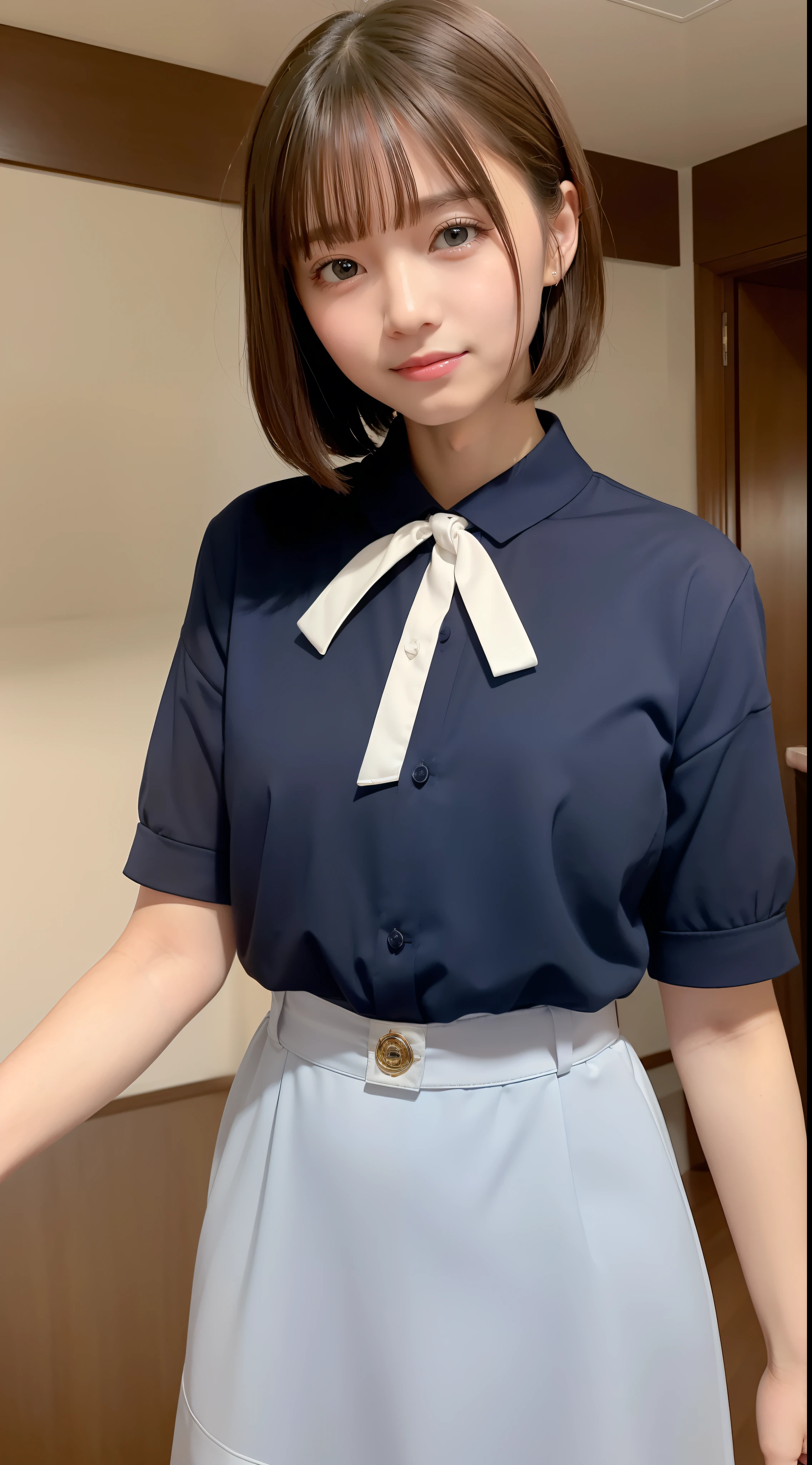 (8K、top-quality、masterpiece:1.2)、(realisitic、Photorealsitic:1.37)、ultra-detailliert、1womanl、20yr old、独奏、((Beautiful ribbons))、((A dark-haired))、(a smile:1.15)、beautiful finely detailed eyes、(shirt with collar:1.1)、business clothes、(short-hair:1.2)、medium shot、Random Shots、(((Art Room)))