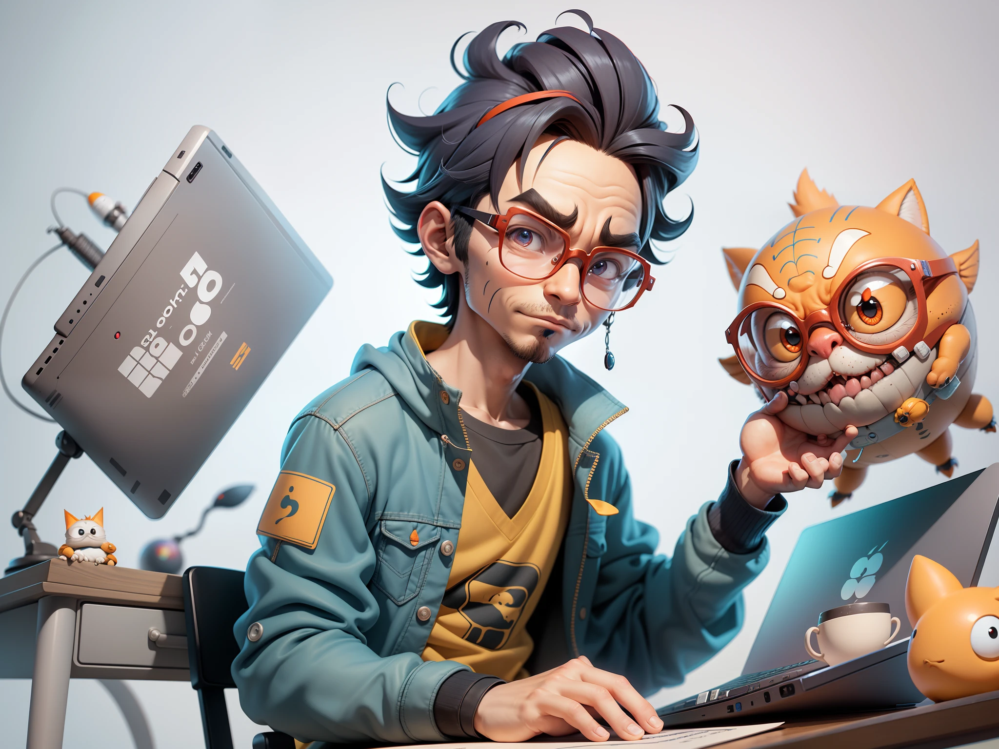 A young man with glasses sits at his desk,holding laptop,digitial painting,3D character design by Mark Clairen and Pixar and Hayao Miyazaki and Akira Toriyama,4K HD illustration,Very detailed facial features and cartoon-style visuals。
