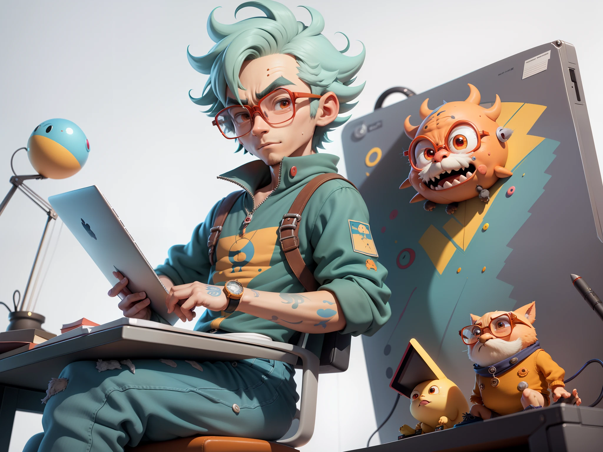 A young man with glasses sits at his desk,holding laptop,digitial painting,3D character design by Mark Clairen and Pixar and Hayao Miyazaki and Akira Toriyama,4K HD illustration,Very detailed facial features and cartoon-style visuals。