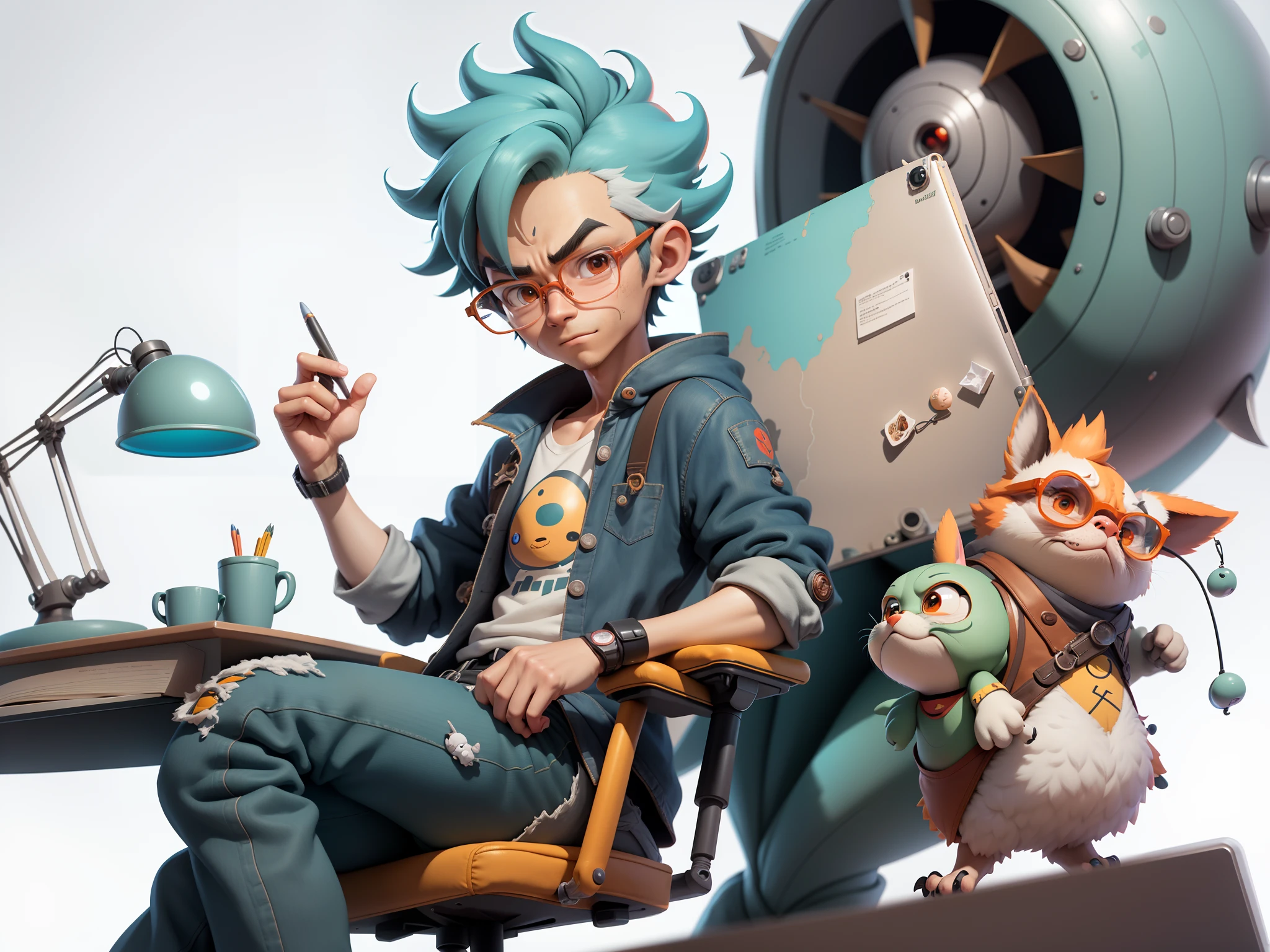 A young man with glasses sits at his desk，holding laptop，digitial painting，3D character design by Mark Clairen and Pixar and Hayao Miyazaki and Akira Toriyama，4K HD illustration，Very detailed facial features and cartoon-style visuals。