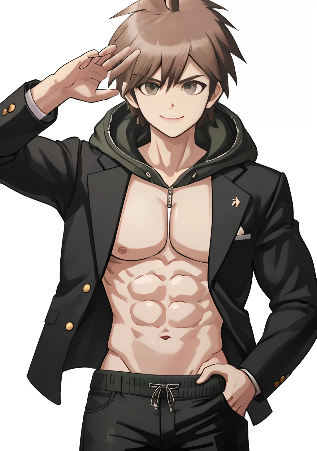 masterpiece, best quality, 1boy, black jacket, open jacket, ripped jacket, hood, ahoge, short hair, brown hair, black pants, ripped pants, smile, hands up, simple background, white background, upper body Muscular body, Imposing body, Imposing appearance, muscular arms, muscular legs, only body, trapezoid torso, sturdy body, muscular body, defined round and fleshy pecs, defined washboard ABS, defined arms, defined legs, flexing his muscles