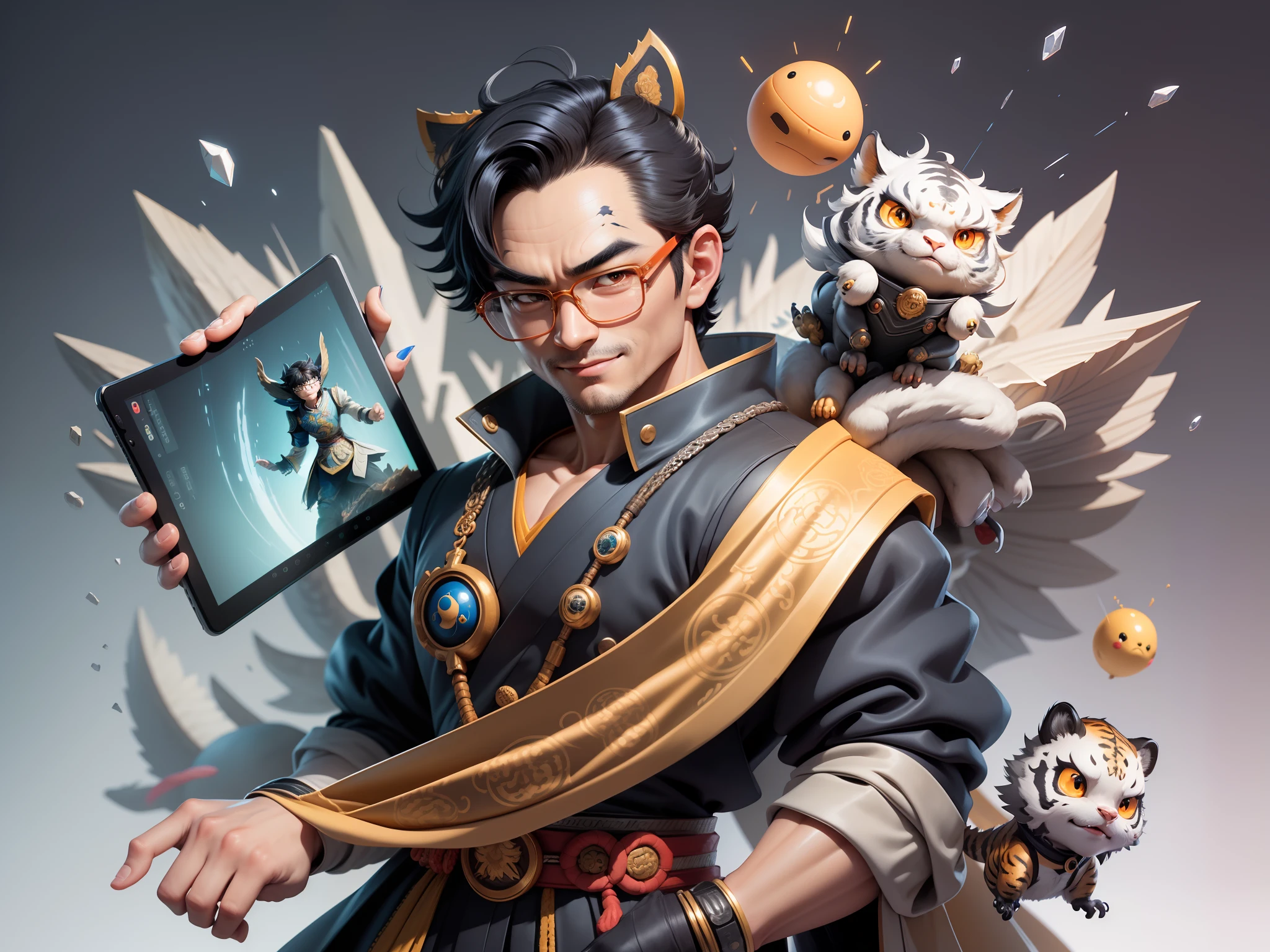 (Masterpiece), (Excellent), (Super Meticulous), (Full Body: 1.2), Super Young Man with Japanese Female Geisha, Pretty, Beautiful, Chinese Dragon, Tiger, Wind God Thor, Sexy, Bursting, Oriental Face, TV Anchor, Bust Portrait Illustration, Black Suit, Blue Tie, Slightly Chubby Face, Silver Glasses, Very Clean Face, No Beard on Chin, Black Super Short Hair, Black Eyes, Confident Smile, 3c Computer Sub-Products, iPad, iPhone, Digital Painting, 3D character design by Mark Clairedon and Pixar and Hayao Miyazaki and Akira Toriyama, the illustrations are HD illustrations in 4K resolution with highly detailed facial features and cartoon-style visuals.