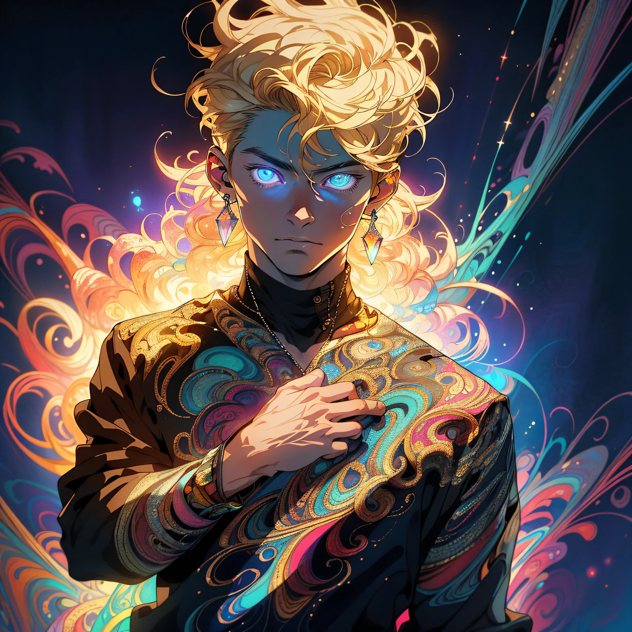 Realistic, (Masterpiece, Top Quality, Best Quality, Official Art, Beauty and Aesthetics: 1.2), Very Detailed, Fractal Art, Colorful, Most Detailed, Zentangle, (Abstract Background: 1.5) (1boy: 1.3), God, Blonde Hair, Short Hair, (Glowing Blue Eyes), Pectals, Abs, Mysterious, (Magic), Crystal, Handsome Man