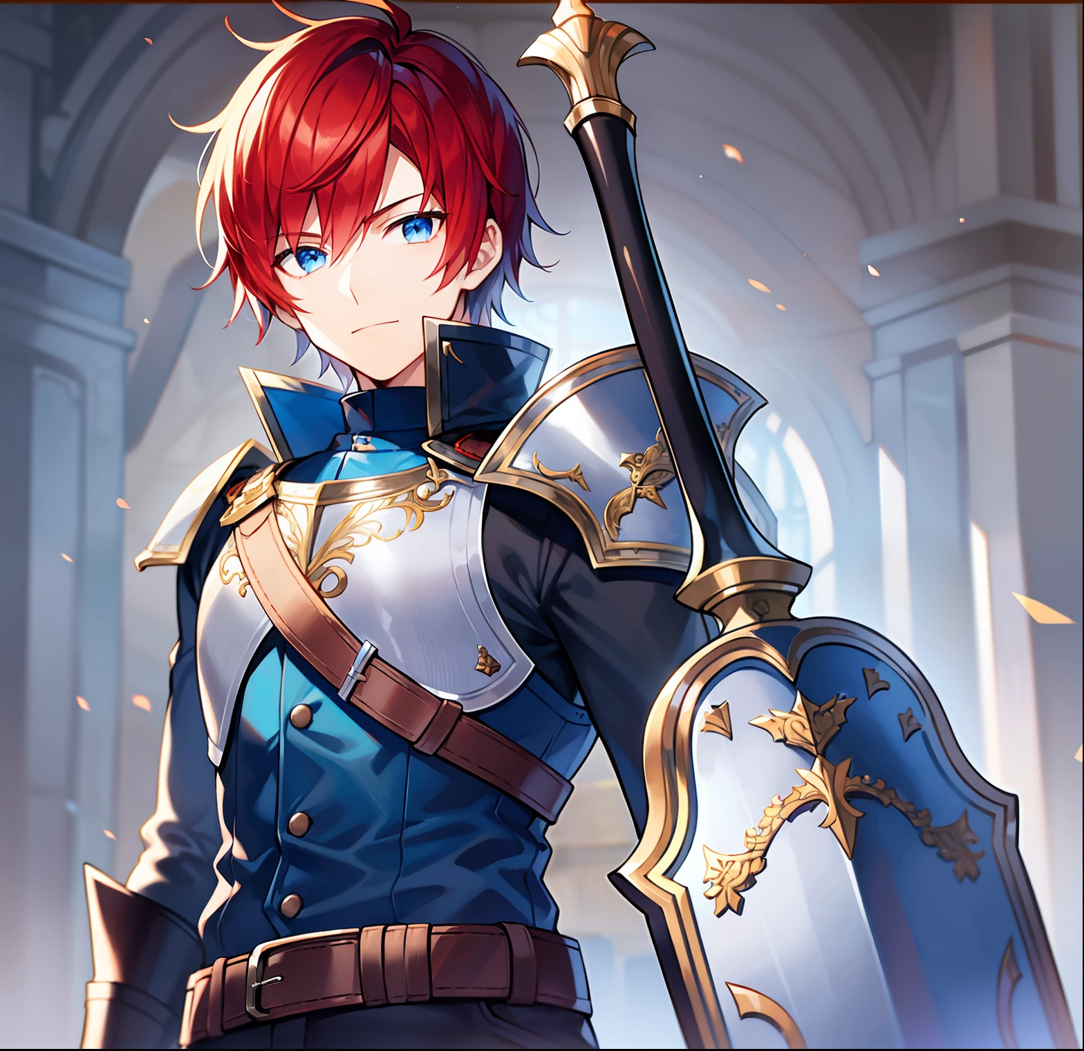 Young man, slight smile, friendly look, red hair, short hair, dark blue eyes, white skin, detailed. Black work gloves, blue shirt, brown belt, black pants. Accessory, 1 Shield, platinum shield, shining shield, 1 sword, silver sword, shining sword. Character sheet
