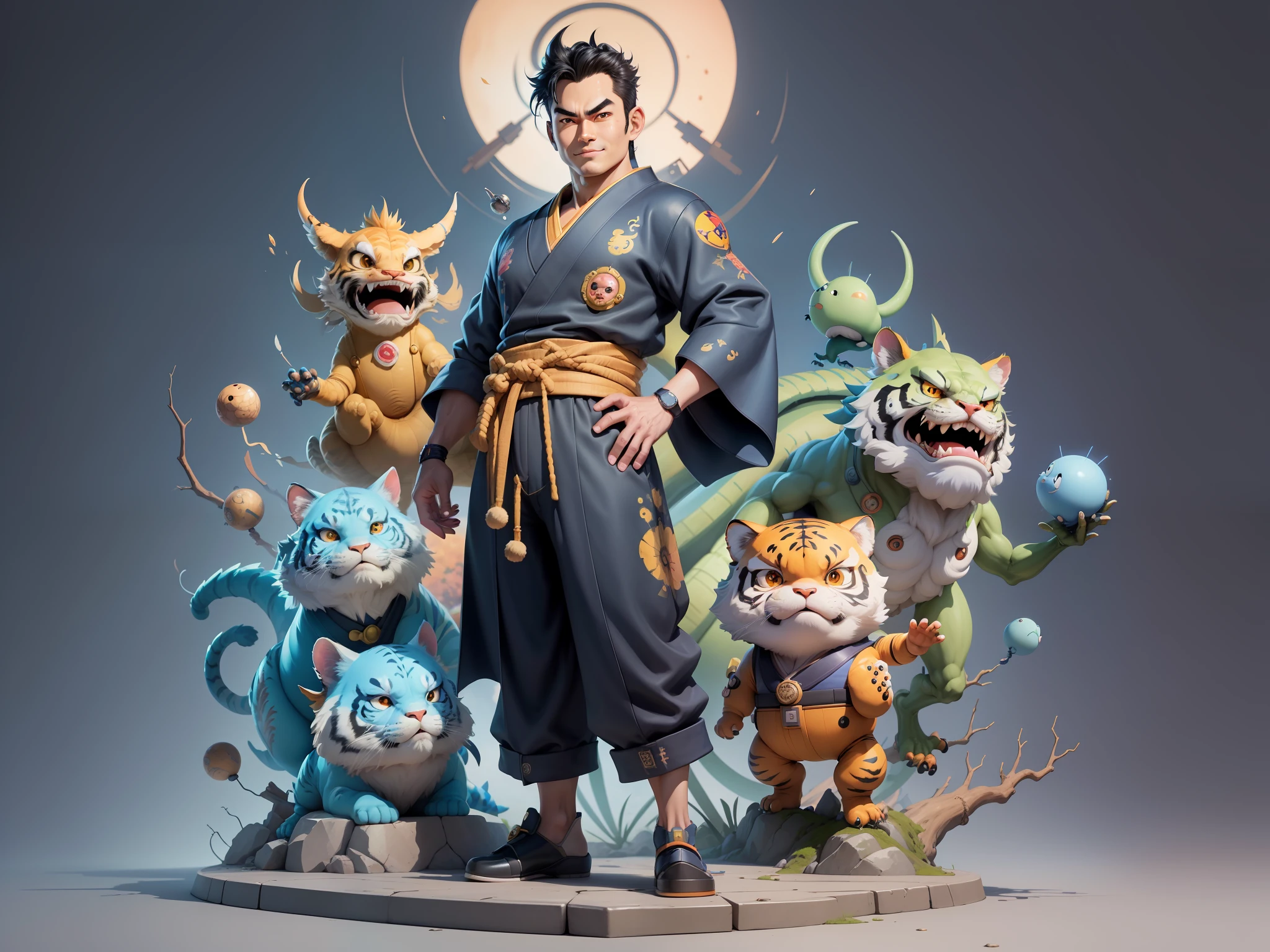 (Masterpiece), (Excellent), (Super Meticulous), (Full Body: 1.2), Super Young Man, Oriental Face, Japanese Kimono, Japanese Wind Thunder God, Dragon, Tiger, TV Anchor, Bust Portrait Illustration, Alone, Black Suit, Blue Tie, Slightly Chubby Face, Very Clean Face, No Beard, Black Super Short Hair, Black Eyes, Confident Smile, 3c Computer Sub-Products, iPad, iPhone, Digital Painting, 3D Character Design by Akira Toriyama and Mark Claireden and Pixar and Hayao Miyazaki, The illustration is a high-definition illustration in 4K resolution with very detailed facial features and cartoon-style visuals.