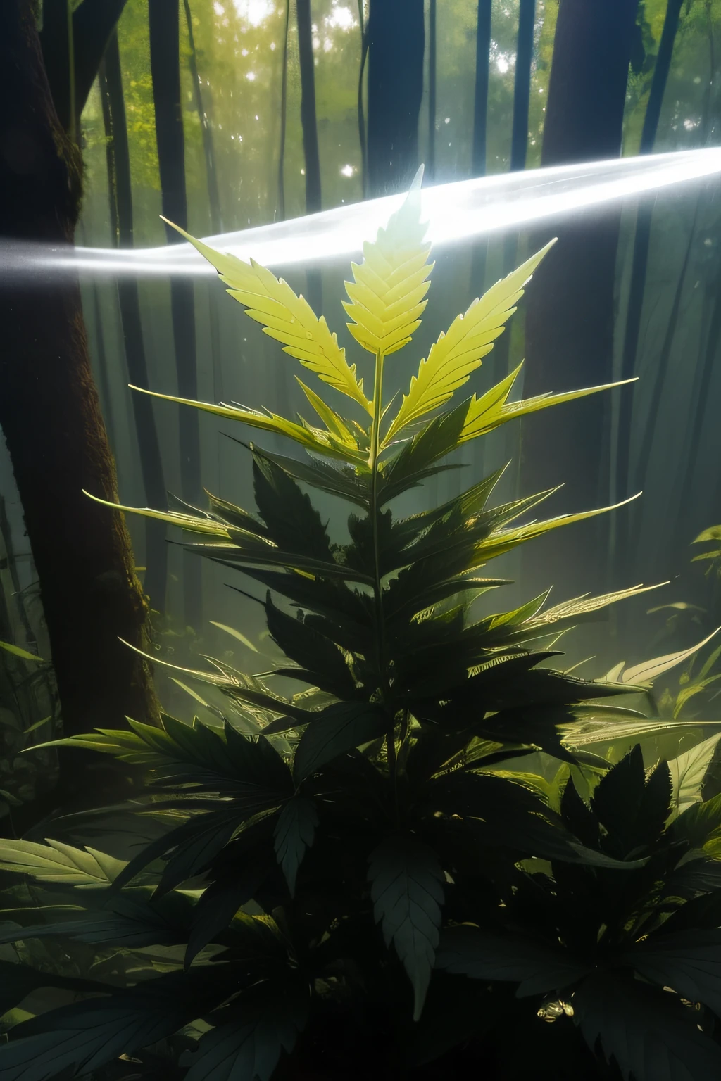 There is a closeup of a plant with many leaves, Nug Fotos, fungal growth, ligeira neblina, High light on the left, Princesa da Cannabis, Corpo do tomate da floresta gump, lush fertile fecund, entheogen, Vapor Branco Rasteiro, mystical mist, maconha ) Wet, Close do meio, three day growth, photo of ghost of anubis