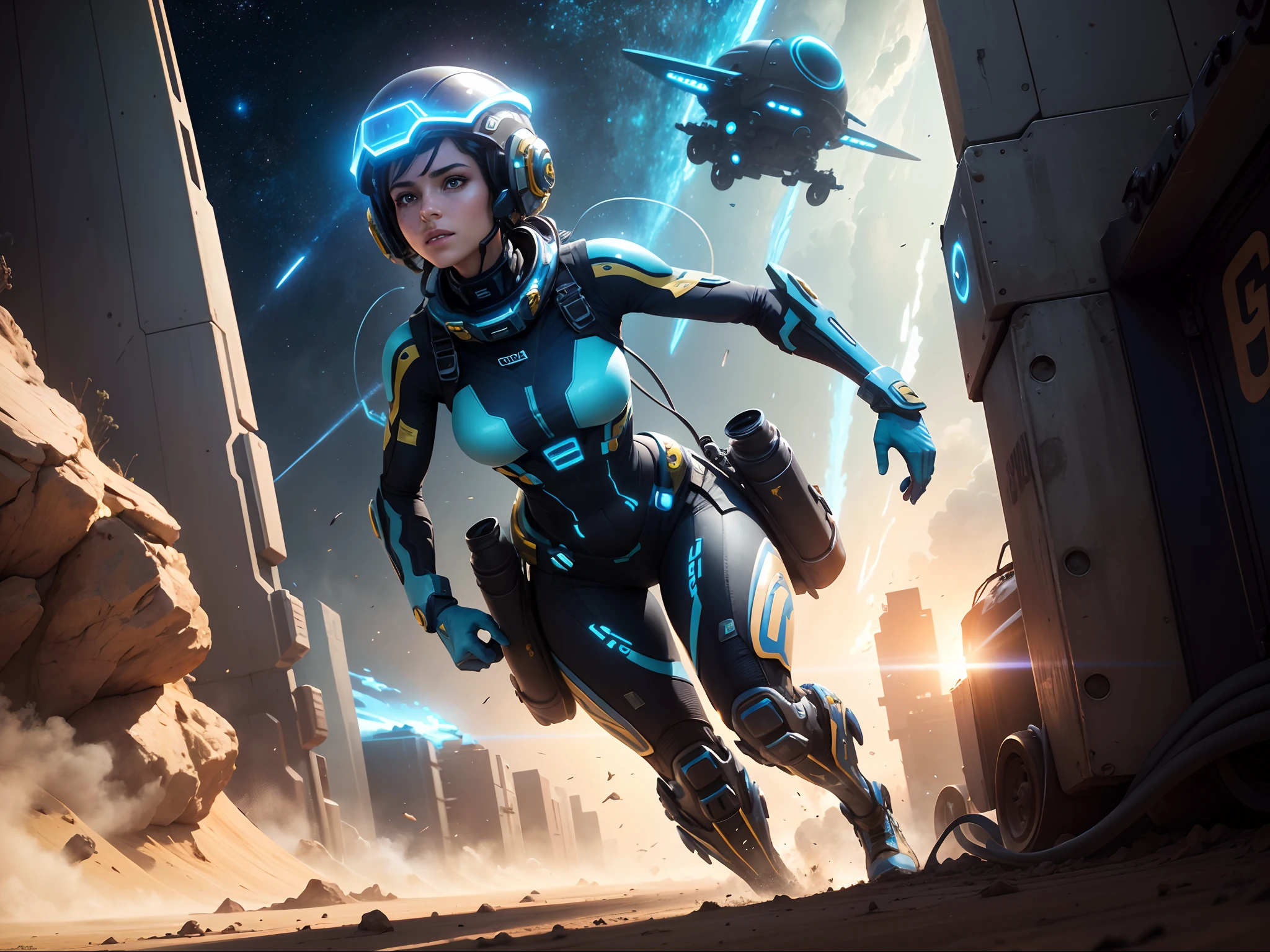A vibrant cinematic full-body photo,It tells about the adventures of women in an alien world, ((((guido )))) Small ATV ground tracked combat transporter. Future transportation, rendering by octane, High quality ultra futuristic blue and gold space battle visor up, Alien background