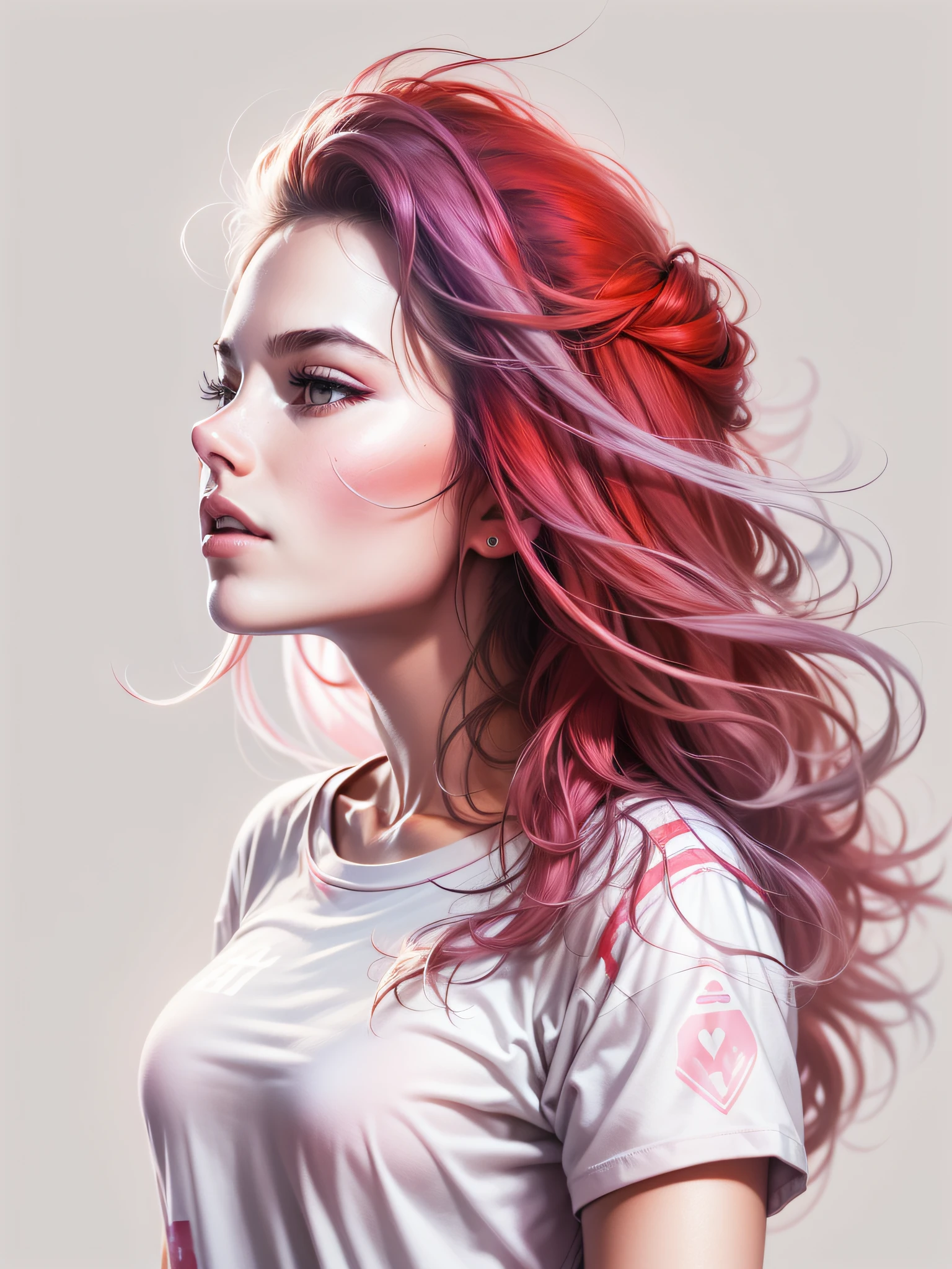 Woman, vestindo roupa de moda vermelha, com longos cabelos loiros, imagem de estilo realista, Cercado pelo design de camiseta Vector VibraPrint Ready, fundo branco, side view, etiqueta, fundo branco limpo, vetor profissional, High detail, t- camiseta design, vibrante.
