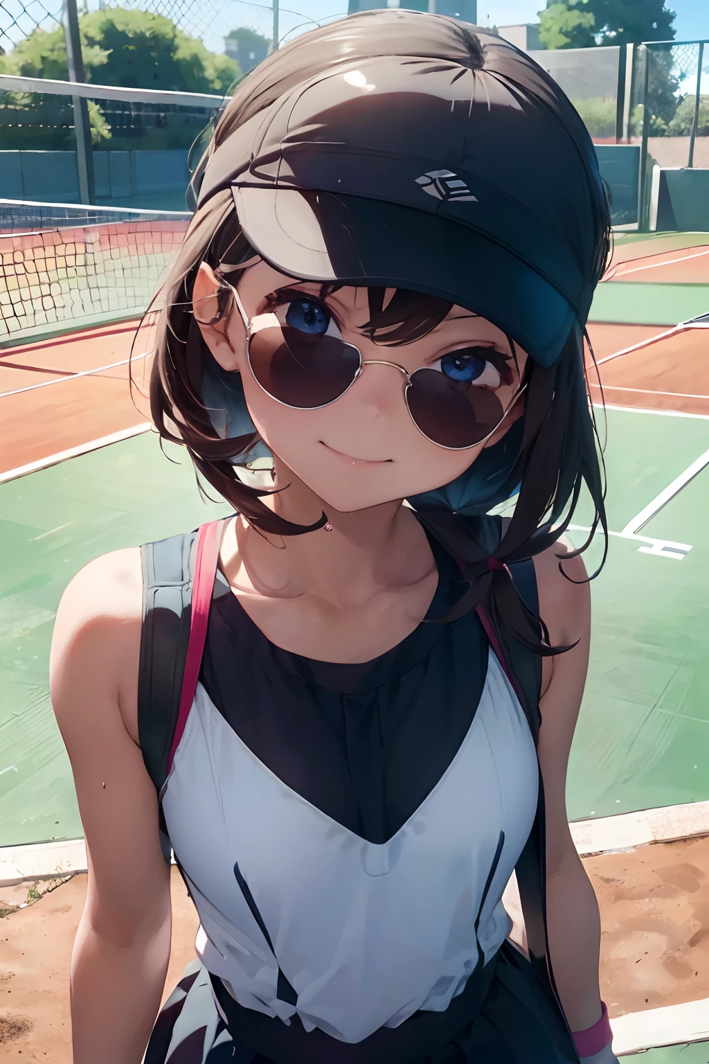 masutepiece, Best Quality, 8K_Wallpaper, (Beautiful eyes), ((Cute)), Cute, (lovely), (Tennis court on a sunny day),1girl in,small tits,1 schoolgirl,Standing next to the car,Smile,facial close-up、portlate(((tennis coat)))(((Tennis Wear)))(((Wearing sunglasses)))