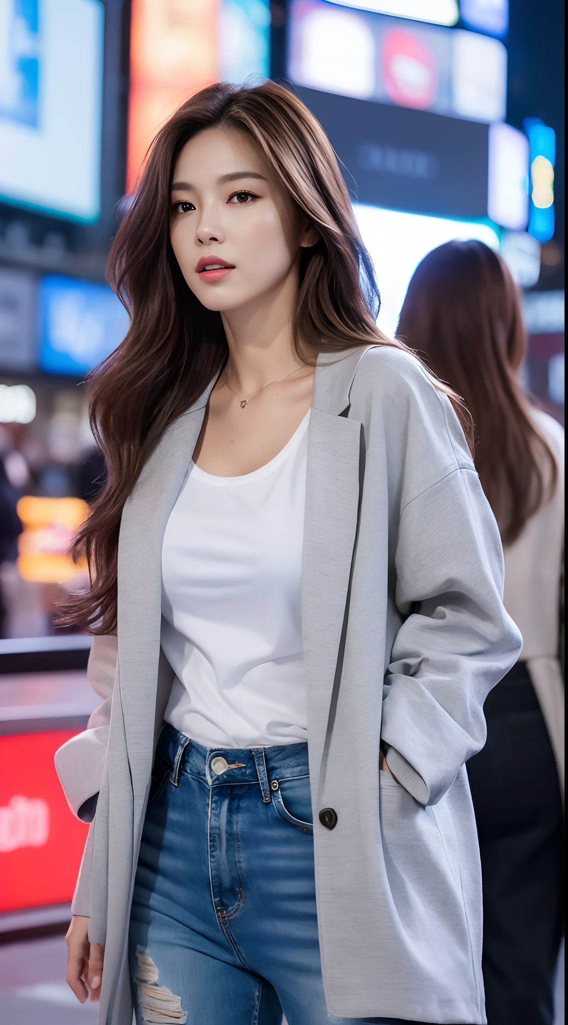 (Best quality, 8k, High resolution, Masterpiece :1.3), A tall and pretty woman, Slender figure, Dark brown hair styled in loose waves, White t-shirt covered by open jacket, Jean pants, (Time square at night), Details exquisitely rendered in the face and skin texture, Detailed eyes, Double eyelid