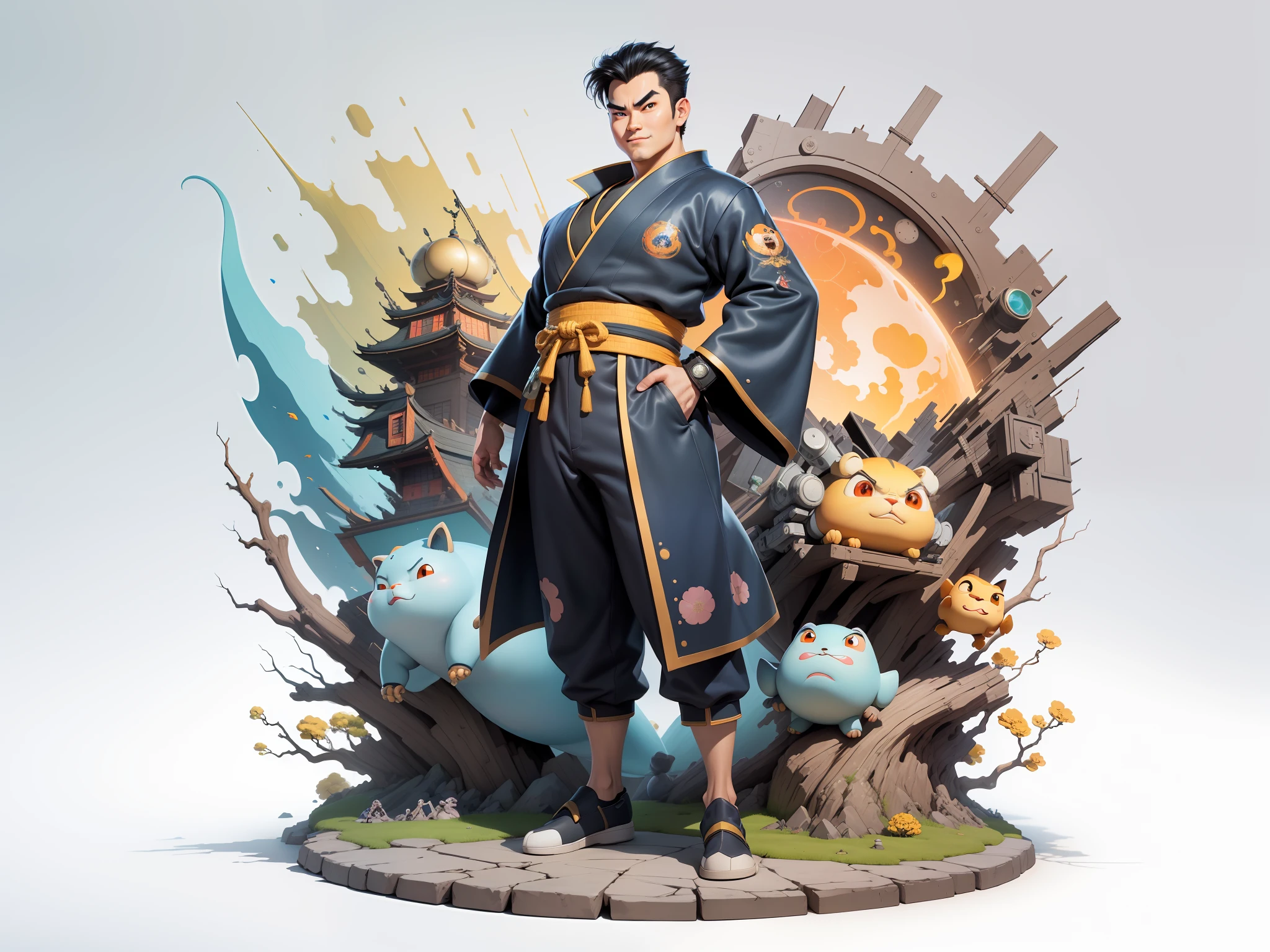 (Masterpiece), (Excellent), (Super Meticulous), (Full Body: 1.2), Super Young Man, Oriental Face, Japanese Kimono, Japanese Wind Thunder God, Dragon, Tiger, TV Anchor, Bust Portrait Illustration, Alone, Black Suit, Blue Tie, Slightly Chubby Face, Very Clean Face, No Beard, Black Super Short Hair, Black Eyes, Confident Smile, 3c Computer Sub-Products, iPad, iPhone, Digital Painting, 3D Character Design by Akira Toriyama and Mark Claireden and Pixar and Hayao Miyazaki, The illustration is a high-definition illustration in 4K resolution with very detailed facial features and cartoon-style visuals.