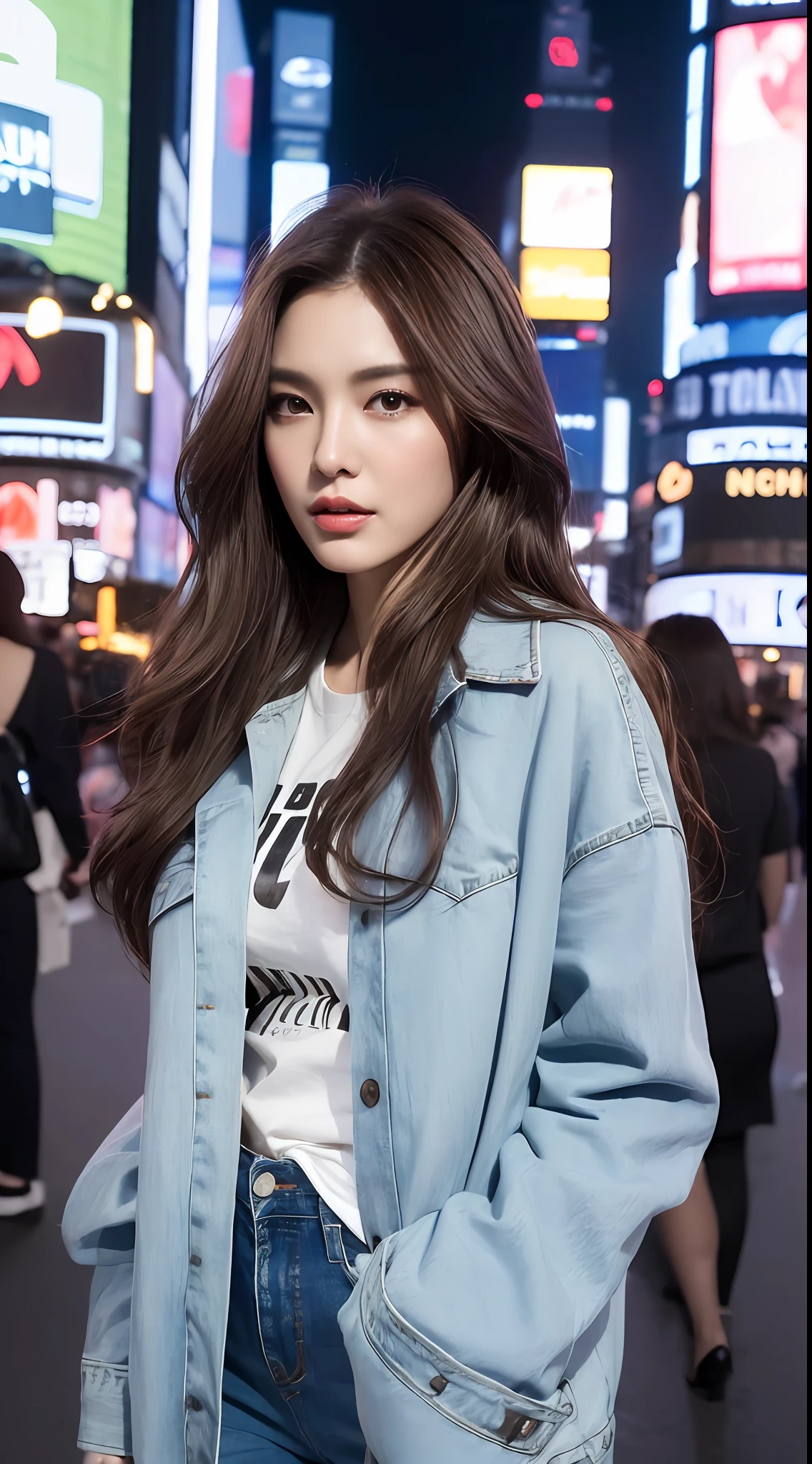 (Best quality, 8k, High resolution, Masterpiece :1.3), A tall and pretty woman, Slender figure, Dark brown hair styled in loose waves, White t-shirt covered by open jacket, Jean pants, (Time square at night), Details exquisitely rendered in the face and skin texture, Detailed eyes, Double eyelid