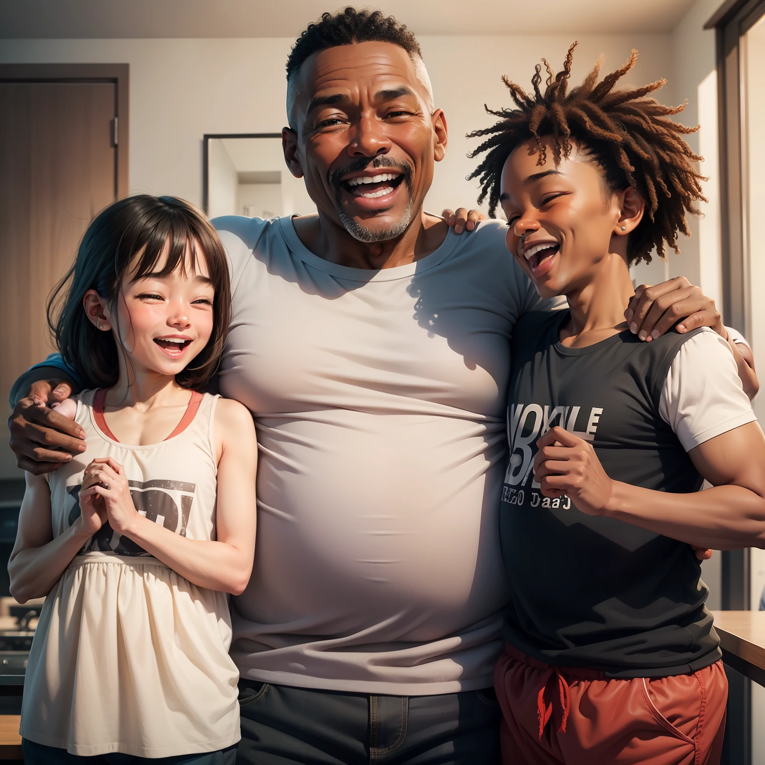 50-year-old man laughing with his children. Interracial