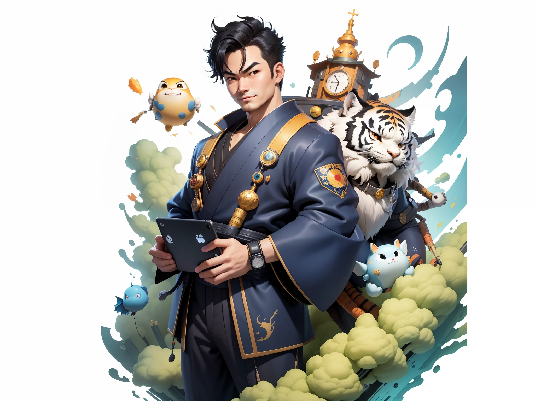 (Masterpiece), (Excellent), (Super Meticulous), (Full Body: 1.2), Super Young Man, Oriental Face, Japanese Kimono, Japanese Wind Thunder God, Dragon, Tiger, TV Anchor, Bust Portrait Illustration, Alone, Black Suit, Blue Tie, Slightly Chubby Face, Very Clean Face, No Beard, Black Super Short Hair, Black Eyes, Confident Smile, 3c Computer Sub-Products, iPad, iPhone, Digital Painting, 3D Character Design by Akira Toriyama and Mark Claireden and Pixar and Hayao Miyazaki, The illustration is a high-definition illustration in 4K resolution with very detailed facial features and cartoon-style visuals.