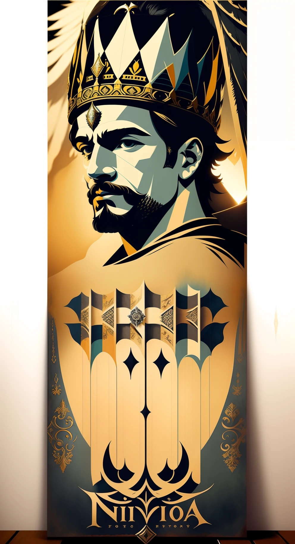 obra-prima, melhor qualidade, filme de medieval poster, formas, linhas, abstrato, fundo preto e branco, asas pretas de corvo, noite, coroa, cor de areia.