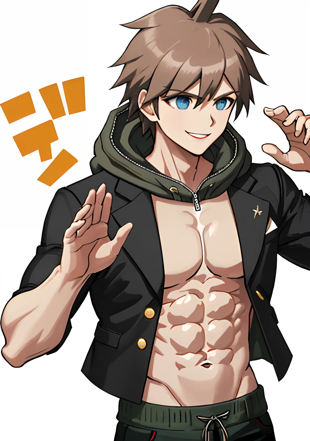 masterpiece, best quality, 1boy, black jacket, open jacket, ripped jacket, hood, ahoge, short hair, brown hair, black pants, ripped pants, smile, hands up, simple background, white background, upper body Muscular body, Imposing body, Imposing appearance, muscular arms, muscular legs, only body, trapezoid torso, sturdy body, muscular body, defined round and fleshy pecs, defined washboard ABS, defined arms, defined legs, flexing his muscles