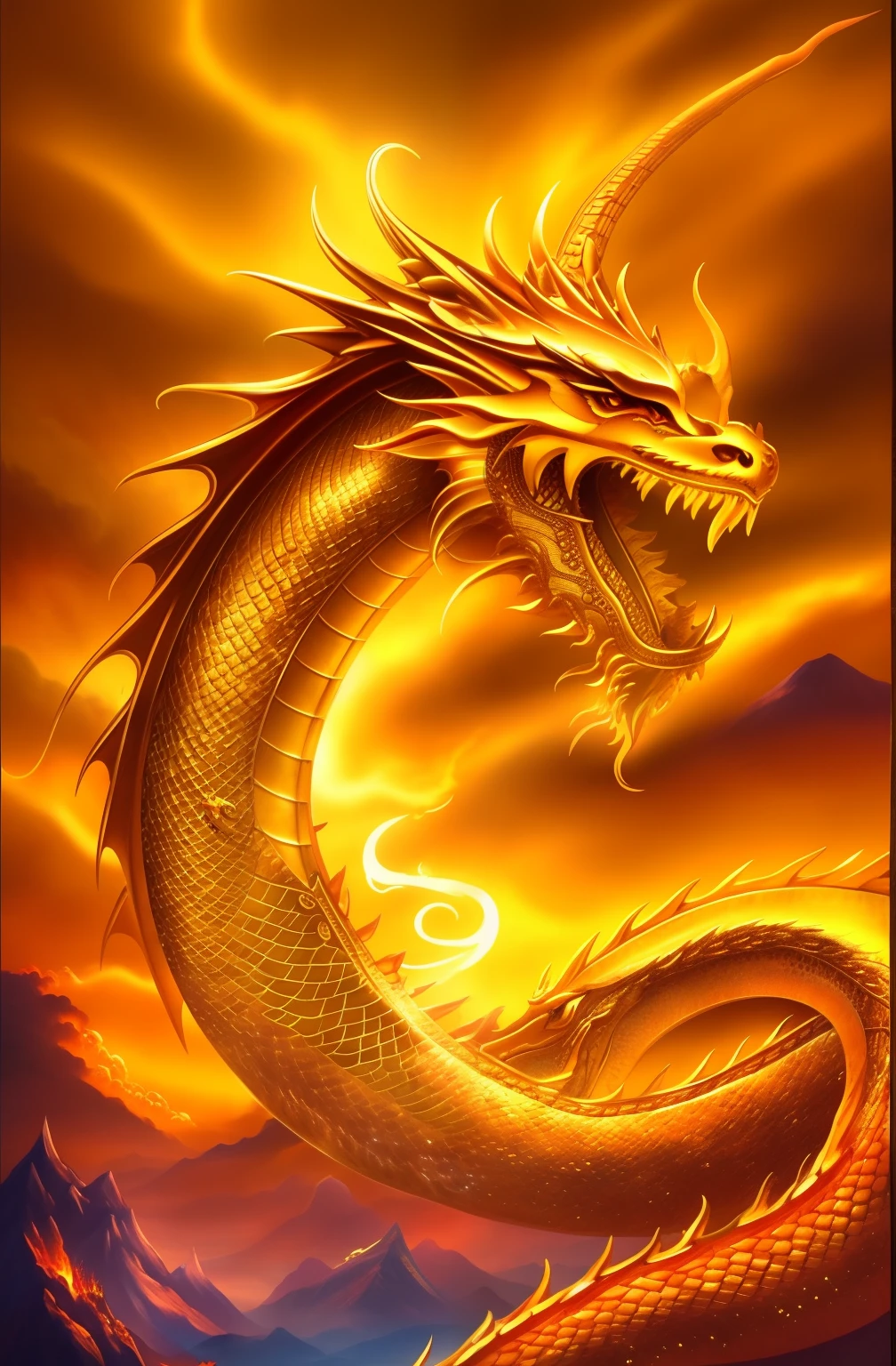 Close-up of a golden dragon with the sky in the background, golden dragon, fire flaming dragon serpent, colossal dragon as background, chinese dragon concept art, smooth chinese dragon, fire flaming serpent, Chinese dragon, dragon art, a dragon, Oil painting of a dragon, Phoenix Dragon, fire dragon, jormungandr, epic dragon, naga-tirr