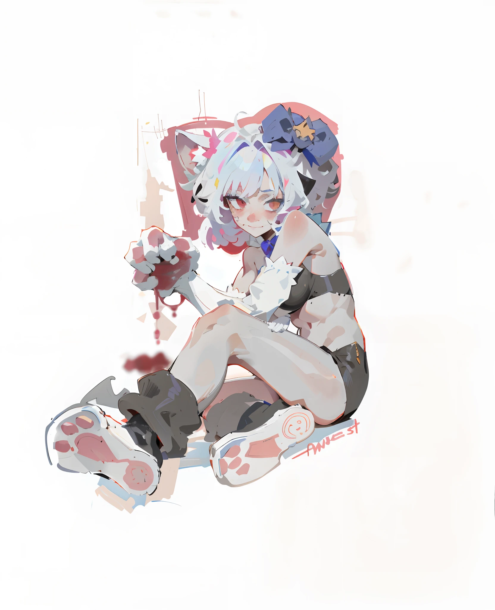 Girl in hood,There is a blue bow on the head,Cat's paw gloves,There are blood stains on the paw gloves,Blood flowed down,Blood dripping,Blood flows from this side of the paw,Raised sexy,Sex costumes,Sex costumes,Beast Girl,Animal dress-up,Lori huge breasts cleavage,Sketch dark style,sketching,Dark style,Distinct lines,handpainted,European and American hand-drawn style,tmasterpiece,hyper HD,32K,16k,Brush stroke,
