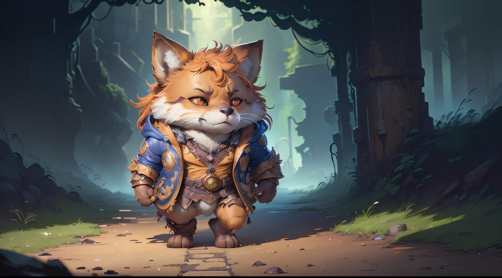 Hyperdetailed Painting, Jean-Baptiste Monge Style, fox  Anthropomorphic, steampunk ,, , (extremely intricate robes, magical robes orange and purple), (extremely detailed background), ((dynamic background)), ((lightning)), (light rays), ,, , highest quality,, very angry face, body fitness, full body, long hair with braids , stands imposing in an ancient lost city. ,  stands imposing in an ancient lost city. Chiseled perfect body, insanely handsome and masculine face. Sunlight highlights his muscles and scars. The scenery is lush and mysterious, with ruins and vegetation. The camera details everything.