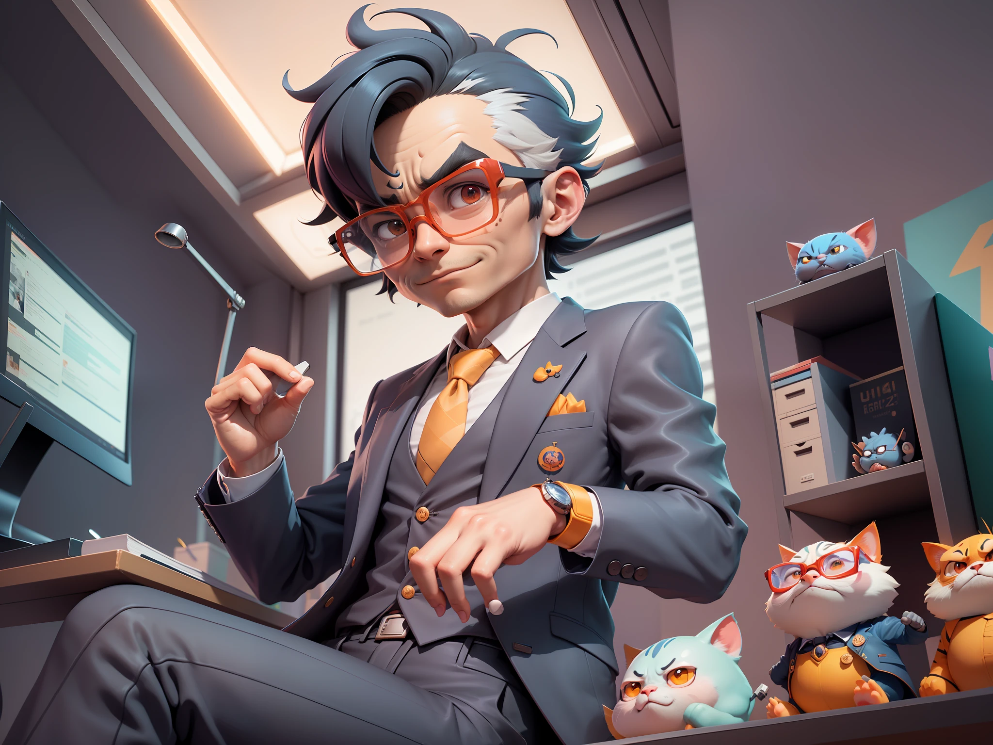 A young man in a suit, Short hair and glasses sat at his desk,holding laptop,digitial painting,tigre,3D character design by Mark Clairen and Pixar and Hayao Miyazaki and Akira Toriyama,4K HD illustration,Very detailed facial features and cartoon-style visuals。