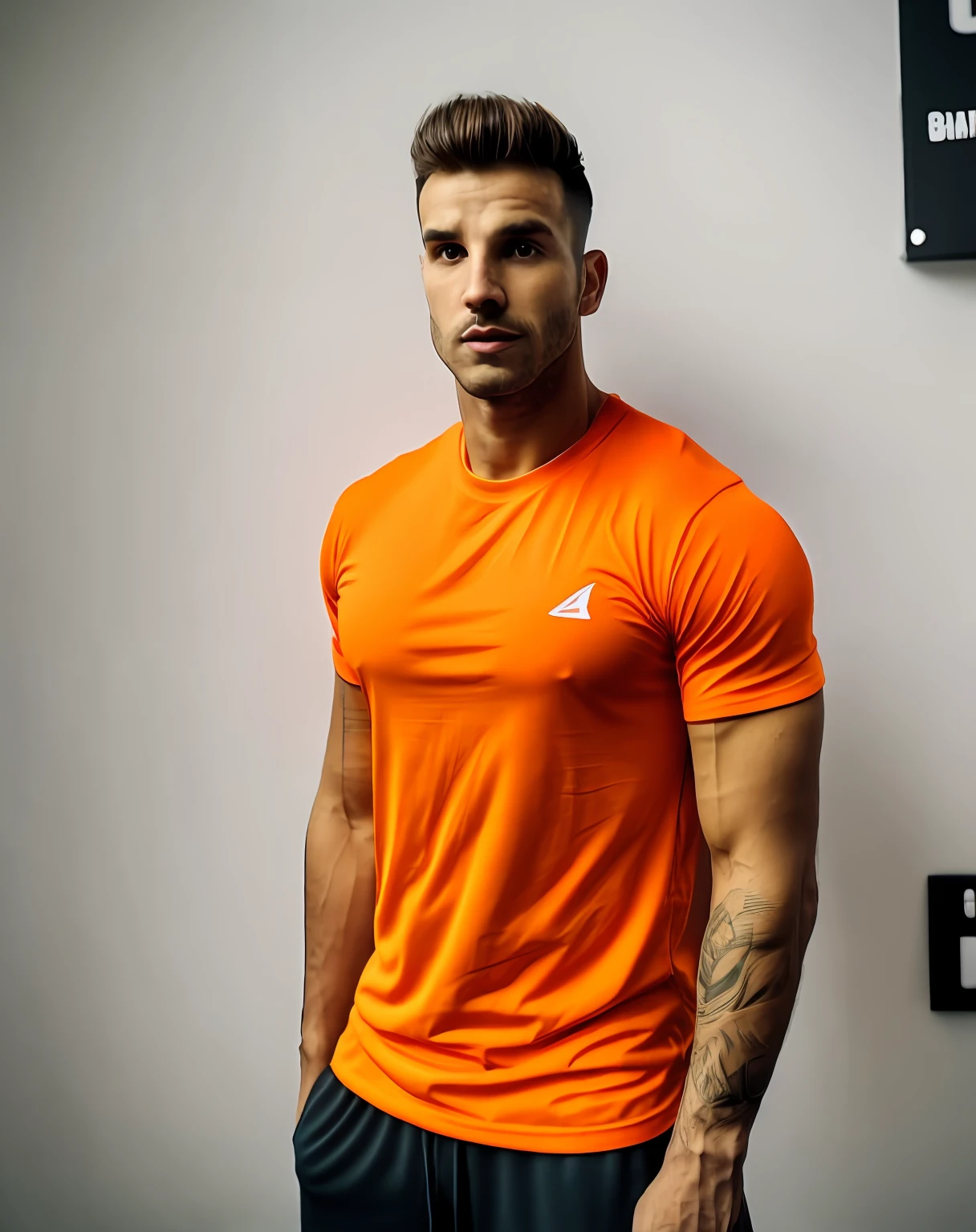An athletic man is wearing a basic orange T-shirt. Idade 26 anis. He's inside a bodybuilding gym. Rosto evidente bem focado e detalhado. olhos bonitos. Detalhes do rosto bem definido.