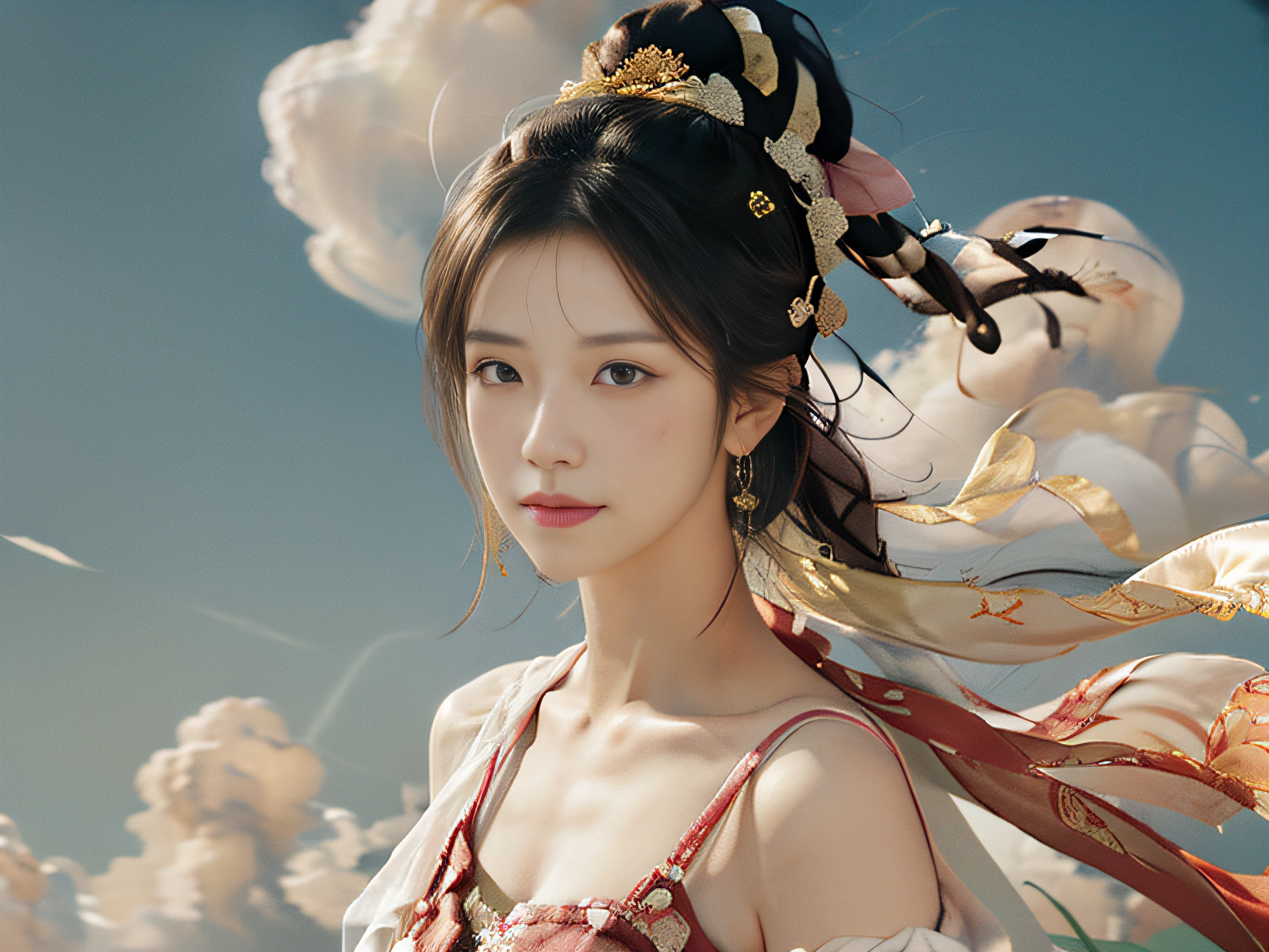 Masterpiece, Surrealistic, 32k, very detailed CG unified 8k wallpaper, best quality, realistic, 1 girl, (white robe), in a charming scene, rich background, very detailed, delicate beautiful face, big eyes looking at the audience, natural expression, charming smile, dance, Dunhuang costume, Dunhuang style, arms, dancing with ribbon, Colorful ribbons, golden jewelry, ancient Chinese hairstyles, hair gossamer, streamers, flying in the air, light makeup, eyeshadow, eyebrow lines, (face), dynamics, petals flying, details, jewelry, earrings, bracelets, shoulders, intricate textures, chest, guchen, wind pipe, a beautiful woman in a flowing white robe flying in the air, soaring through the clouds, the wind gently lifting her robe, The sense of flight is emphasized as they gracefully fly over ethereal cloud scenes