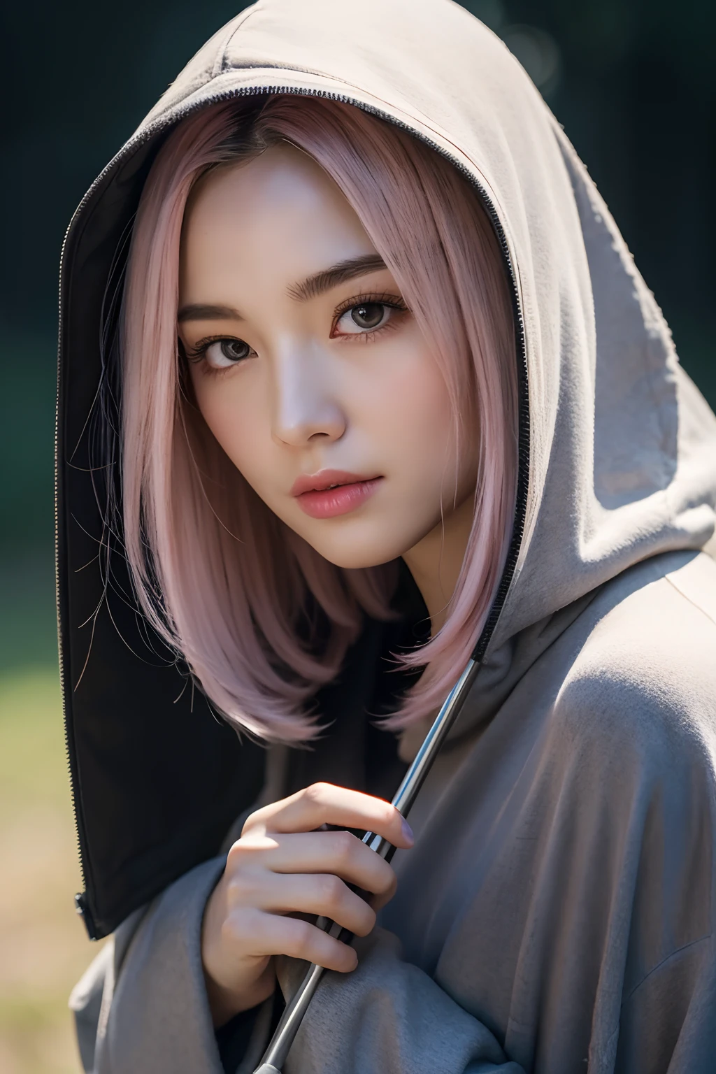 Cute hooded Grim Reaper shrouded in dark mist,Wielding a scythe,Emerge from the swirling shadows.Stand in the Cemetery of Forgotten Souls.(Light brown and light pink striped hair:1.3,),Perfect face,Proper body proportion,masutepiece,Super high-quality output images,超A high resolution,Intricate details,Very delicate and beautiful hair,photographrealistic,Dreamy,Professional Lighting,realistic shadow,Solo Focus,Beautiful hands,Beautiful fingers,Detailed finger features,detailed clothes features,Detailed hair features,detailed facial features,