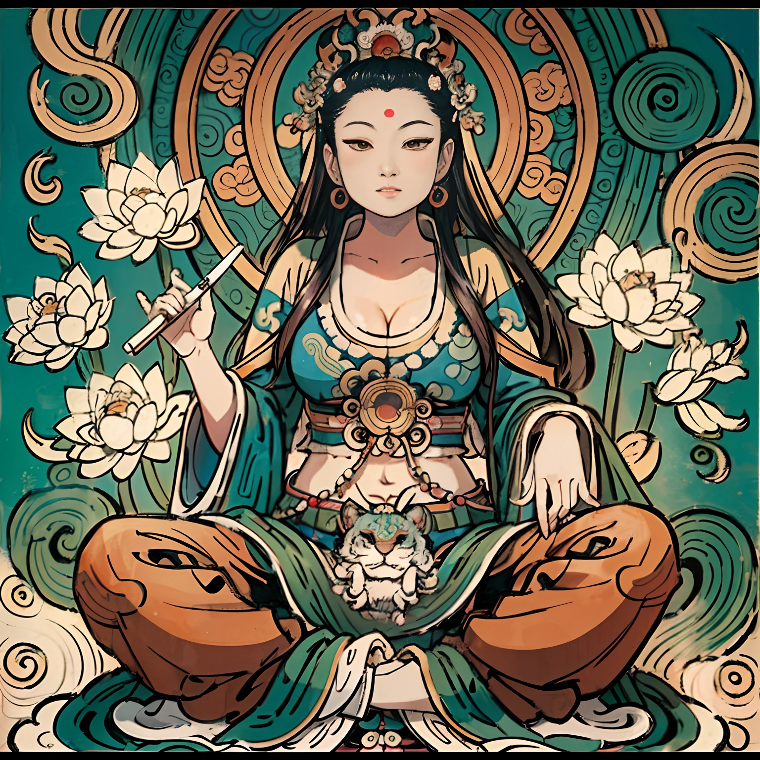 an ancient Chinese goddess, guanyin of the southern seas, Guanyin, Inspired by India, Avalokiteshvara Bodhisattva Tiger,,Serene expression,shui mo hua,Buddha,Buddhist,Lotus,Chinese painting style,Thangka style
