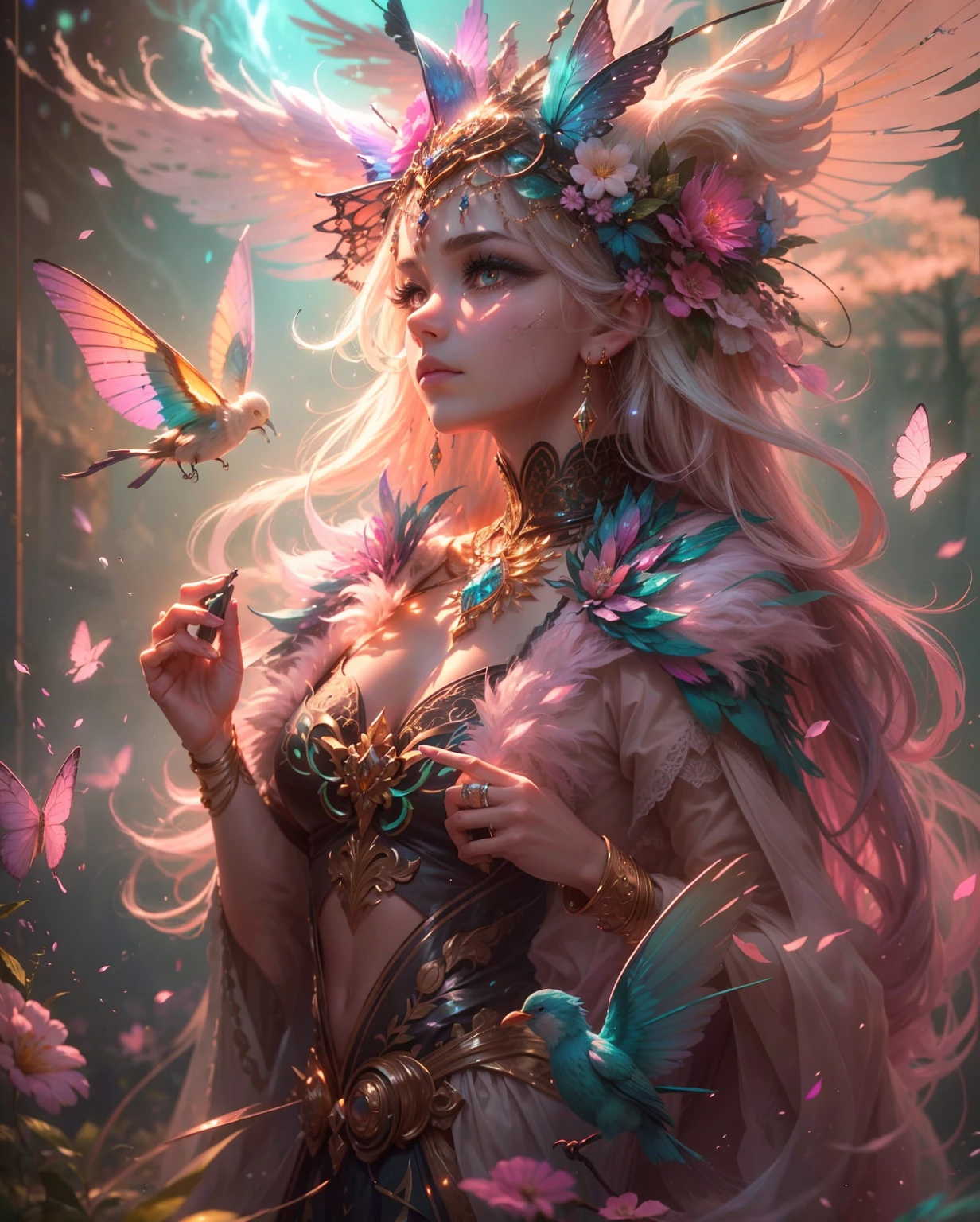 (((masterpiece))), (((best quality))), ((ultra-detailed)),(highly detailed CG illustration), ((an extremely delicate and beautiful)),cinematic light, Create a stunning fantasy artwork that mimics the style of currently trending masters of the genre. The art piece should contain elements of both mythic fantasy and fairytale fantasy with colorful accents. ((Utilize various shades of pink and watercolor pastels as the main color scheme.)) The character in the artwork is a delicate but strong petite figure with an aura of mystery and magic. Pay close attention to intricate facial features, such as mesmerizing eyes with vibrant colors and bold shading. The character's clothing should be designed with gossamer feathers, silk, stunning embroidery, and subtle iridescent details. Incorporate dreamy colors, dynamic lighting, and detailed background elements to create a sense of awe and immersion. Include colorful flying magical birds and jewel-toned butterflies radiating a magical aura. Consider the latest trends in fantasy art, such as incorporating unique lighting effects, exploring dynamic and compelling composition techniques, and experimenting with unique color palettes. Take inspiration from the top artists on ArtStation and Midjourney. Camera: Choose an angle that highlights the character's beauty and enhances the magical majesty of the artwork. Lighting: Utilize atmospheric lighting techniques to create depth and mood. Resolution: Aim for a high-resolution artwork to showcase intricate details and clarity. Art Inspirations: Seek inspiration from the trending artists on ArtStation, exploring different styles, genres, and themes.