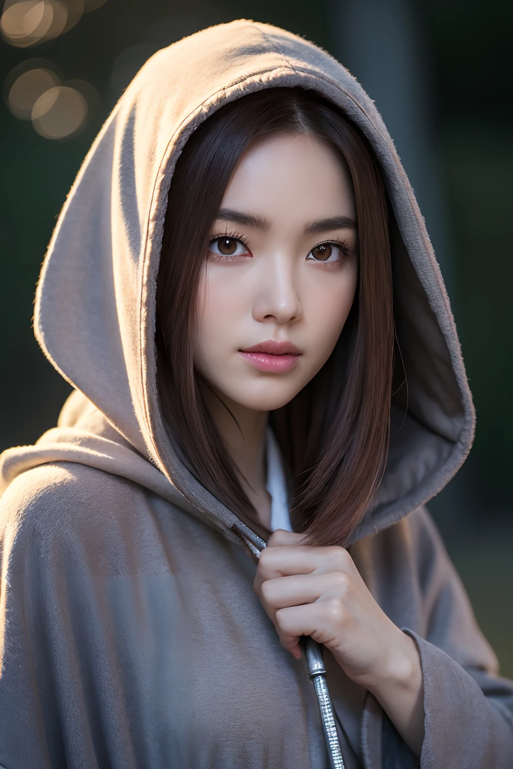 Cute hooded Grim Reaper shrouded in dark mist,Wielding a scythe,Emerge from the swirling shadows.Stand in the Cemetery of Forgotten Souls.(Light brown and light pink striped hair:1.3,),Perfect face,Proper body proportion,masutepiece,Super high-quality output images,超A high resolution,Intricate details,Very delicate and beautiful hair,photographrealistic,Dreamy,Professional Lighting,realistic shadow,Solo Focus,Beautiful hands,Beautiful fingers,Detailed finger features,detailed clothes features,Detailed hair features,detailed facial features,