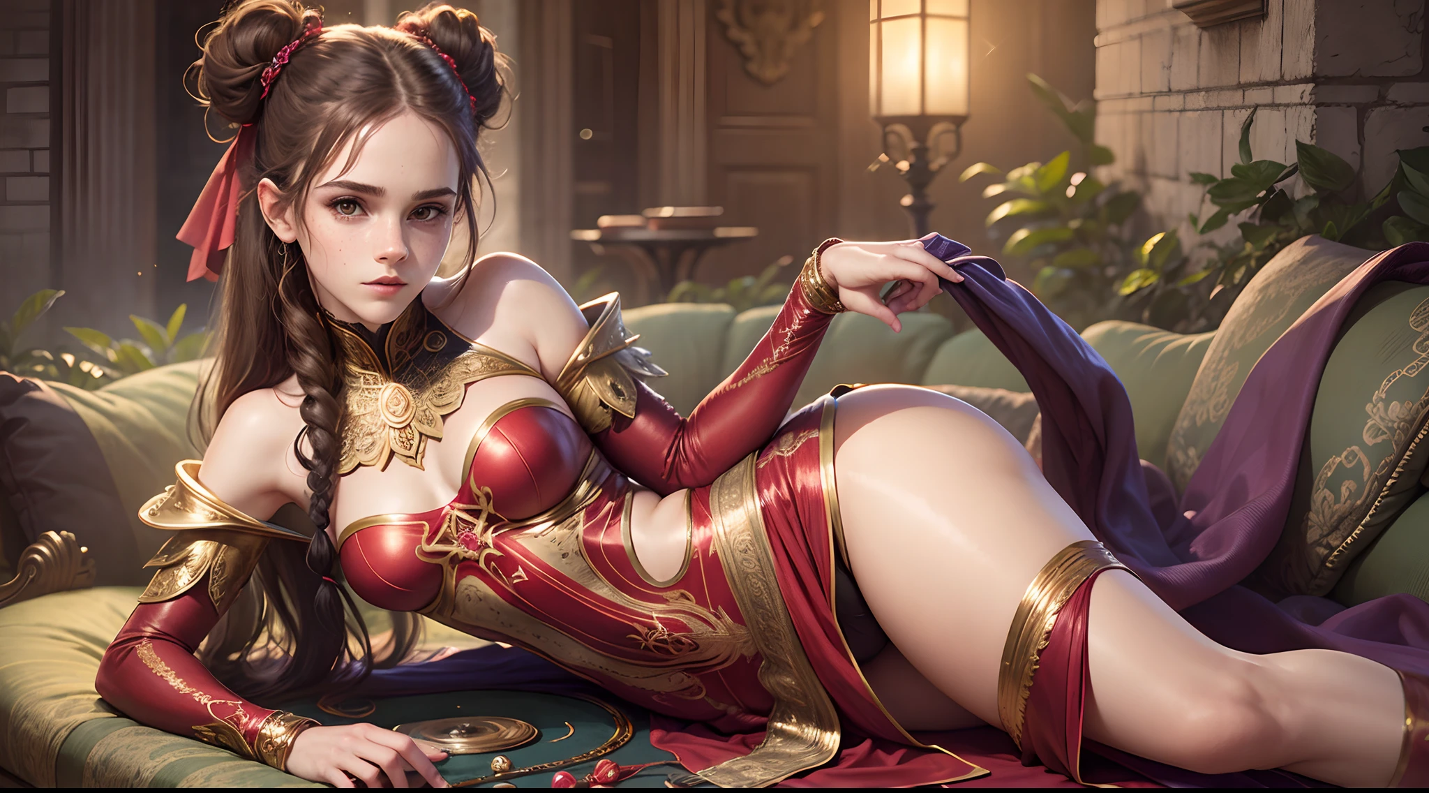 zoom out. masterpiece. highly detailed. A beautiful Teen Emma Watson as a red priestess. slender and athletic. freckles. pigtails. tight intricate costume. She is on an intricate sofa inside castle. sparkly hair. shiny skin.