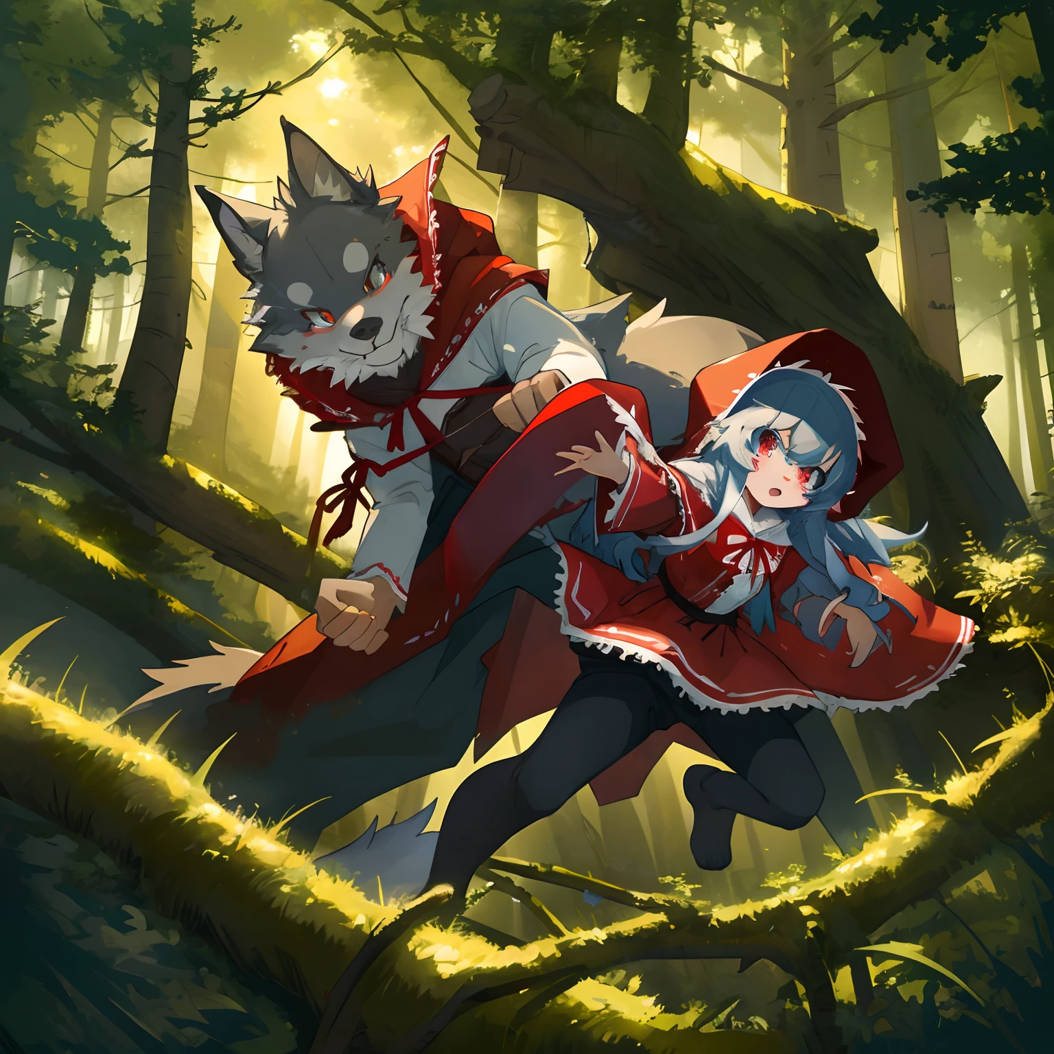 top quality, best quality, High-quality illustrations, masterpiece, super high resolution, detailed background, Little Red Riding Hood, forest, ***********, big wolf, absurdres(highly detailed beautiful face and eyes)perfect anatomy, expression, good lighting, cinematic shadow(kemono, furry anthro)assorted poses, dynamic angle,