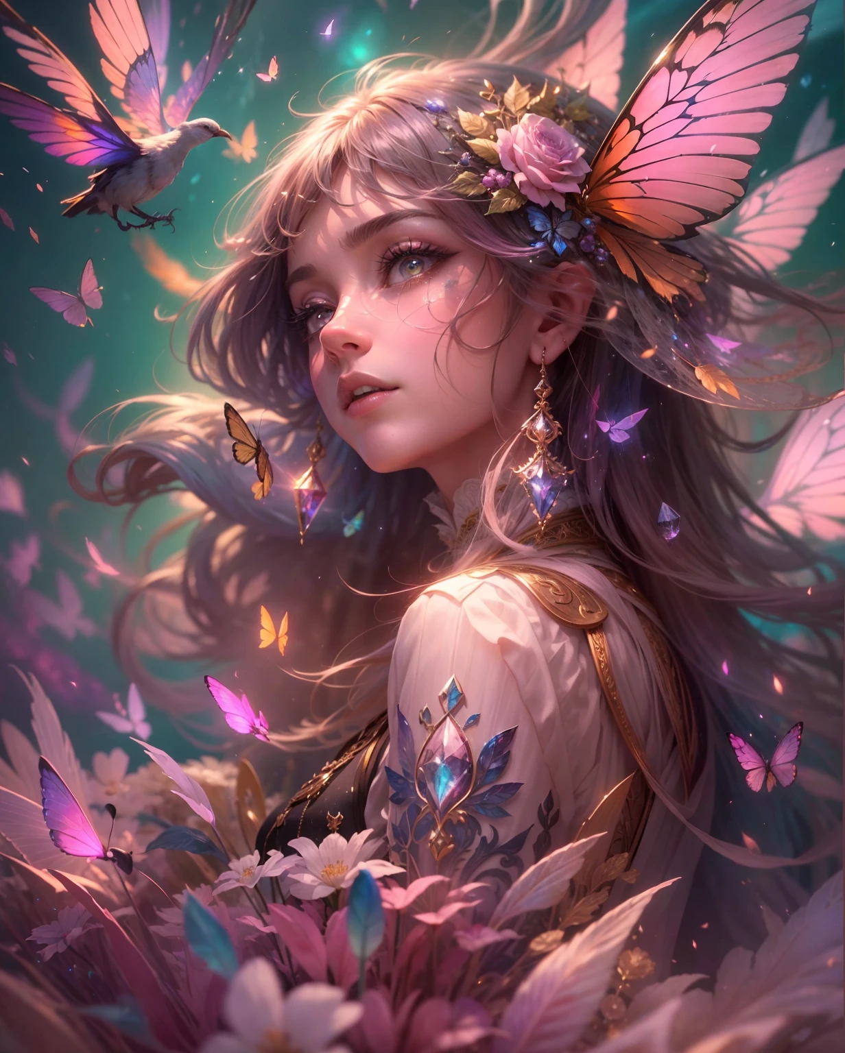 (((masterpiece))), (((best quality))), ((ultra-detailed)),(highly detailed CG illustration), ((an extremely delicate and beautiful)),cinematic light, Create a stunning fantasy artwork that mimics the style of currently trending masters of the genre. The art piece should contain elements of both mythic fantasy and fairytale fantasy with colorful accents. ((Utilize various shades of pink and watercolor pastels as the main color scheme.)) The character in the artwork is a delicate but strong petite figure with an aura of mystery and magic. Pay close attention to intricate facial features, such as mesmerizing eyes with vibrant colors and bold shading. The character's clothing should be designed with gossamer feathers, silk, stunning embroidery, and subtle iridescent details. Incorporate dreamy colors, dynamic lighting, and detailed background elements to create a sense of awe and immersion. Include colorful flying magical birds and jewel-toned butterflies radiating a magical aura. Consider the latest trends in fantasy art, such as incorporating unique lighting effects, exploring dynamic and compelling composition techniques, and experimenting with unique color palettes. Take inspiration from the top artists on ArtStation and Midjourney. Camera: Choose an angle that highlights the character's beauty and enhances the magical majesty of the artwork. Lighting: Utilize atmospheric lighting techniques to create depth and mood. Resolution: Aim for a high-resolution artwork to showcase intricate details and clarity. Art Inspirations: Seek inspiration from the trending artists on ArtStation, exploring different styles, genres, and themes.
