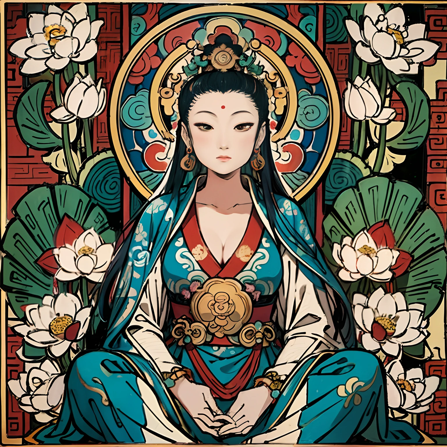 an ancient Chinese goddess, guanyin of the southern seas, Guanyin, Inspired by India, Avalokiteshvara,,Serene expression,shui mo hua,Buddha,Buddhist,Lotus,Chinese painting style,Thangka style
