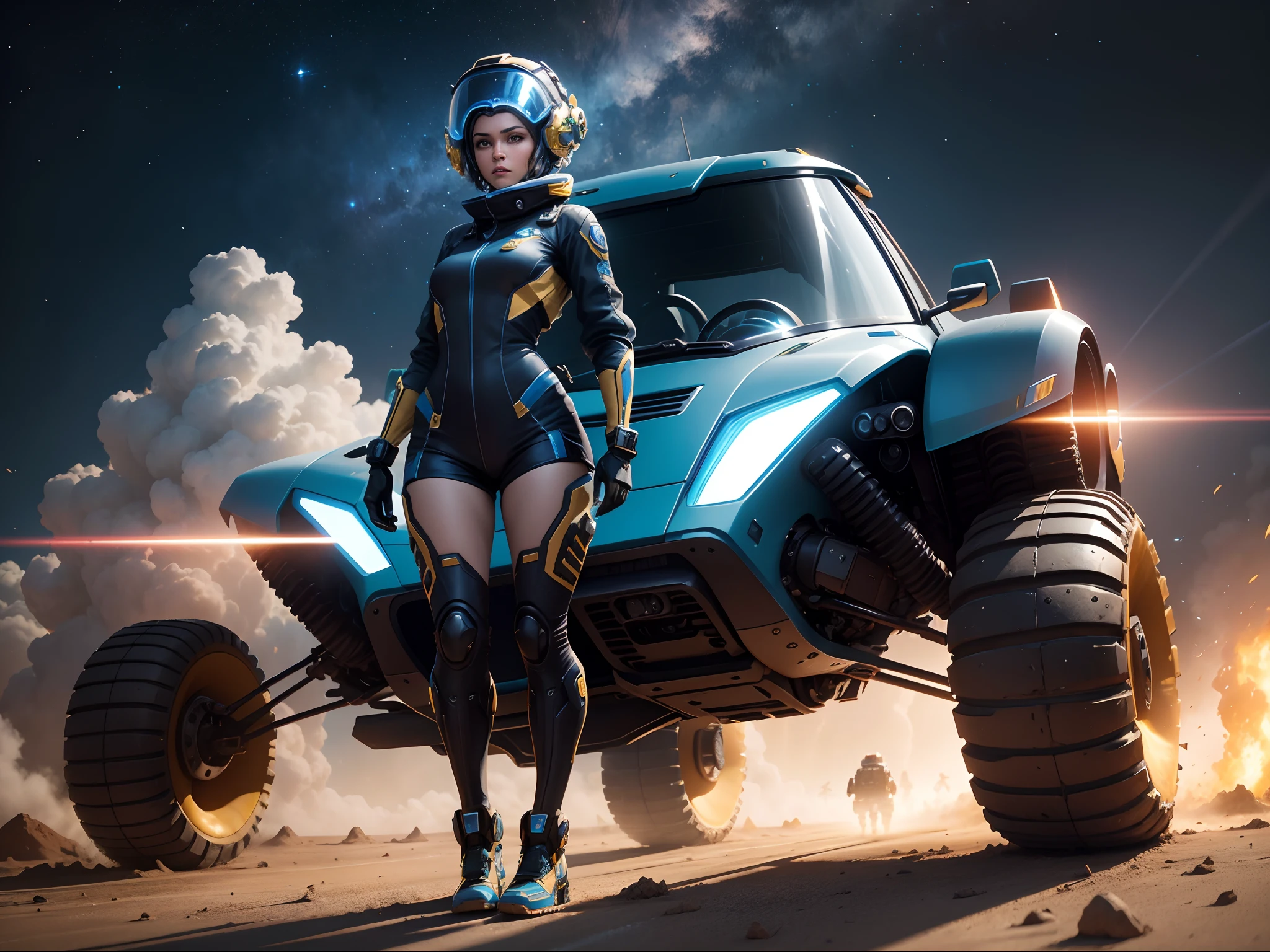 A vibrant cinematic full-body photo，It tells about the adventures of women in an alien world, ((((guido )))) Small ATV ground tracked combat transporter. Future transportation, rendering by octane, High quality ultra futuristic blue and gold space battle visor up, Alien background