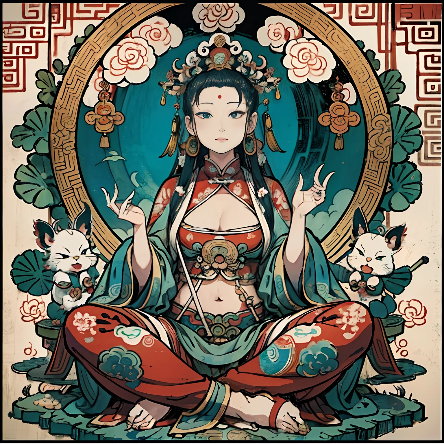 an ancient Chinese goddess, guanyin of the southern seas, Guanyin, Inspired by India, Avalokiteshvara,,Serene expression,shui mo hua,Buddha,Buddhist,Lotus,Chinese painting style,Thangka style